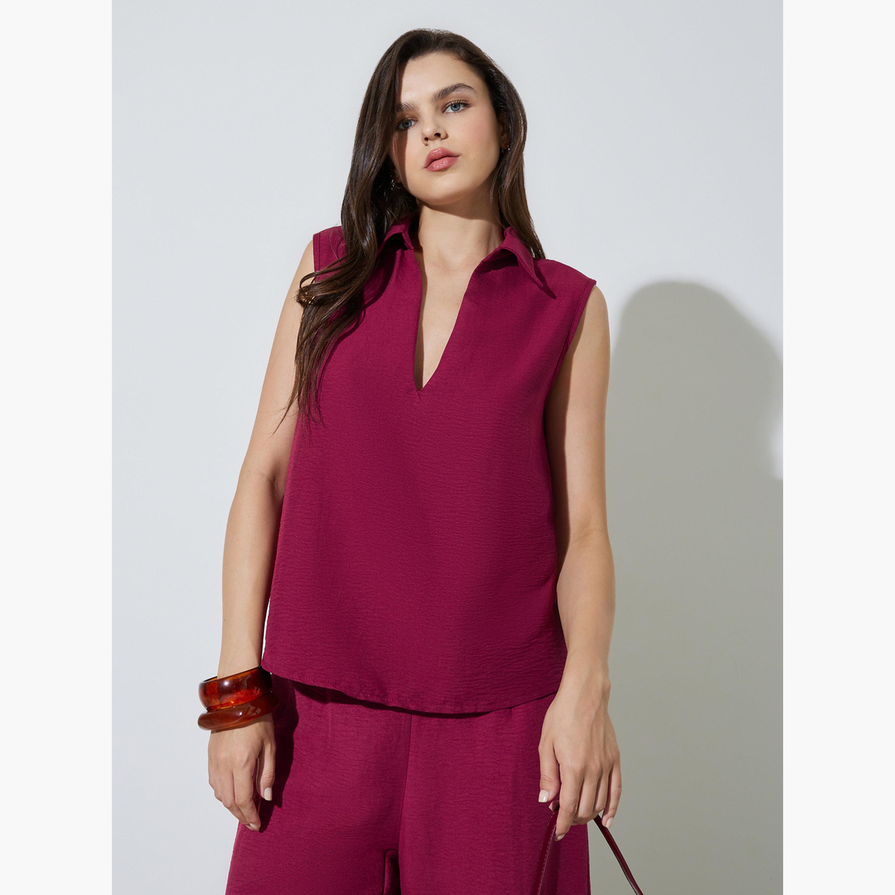 Take Two Burgundy Open Collar Top and Pants Co-Ords Set-women-clothing-coordsets-image-2