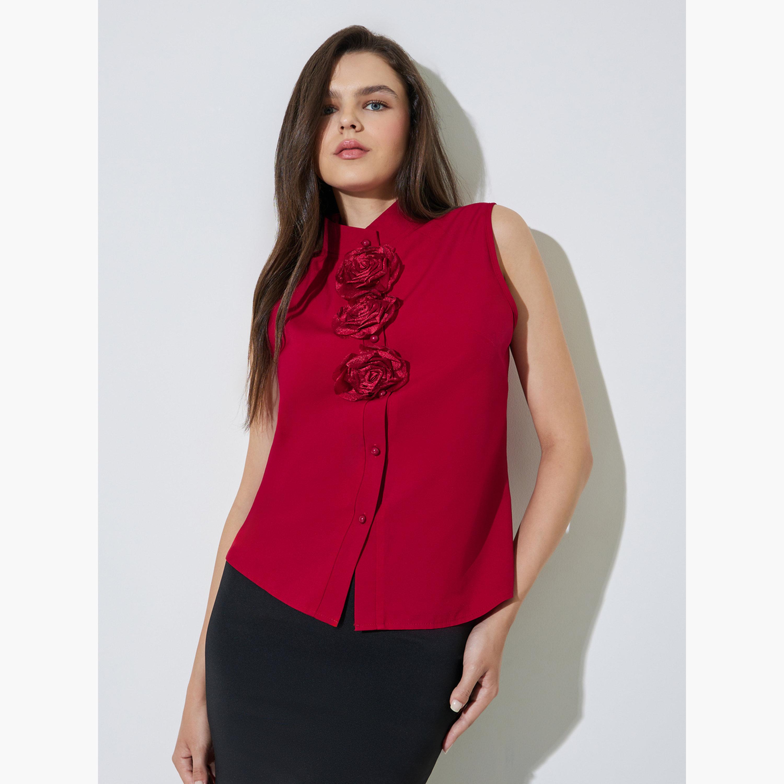 بلوزة بلا أكمام مع زينة زهور بارزة-women-clothing-shirtsandblouses-blouses-image-1