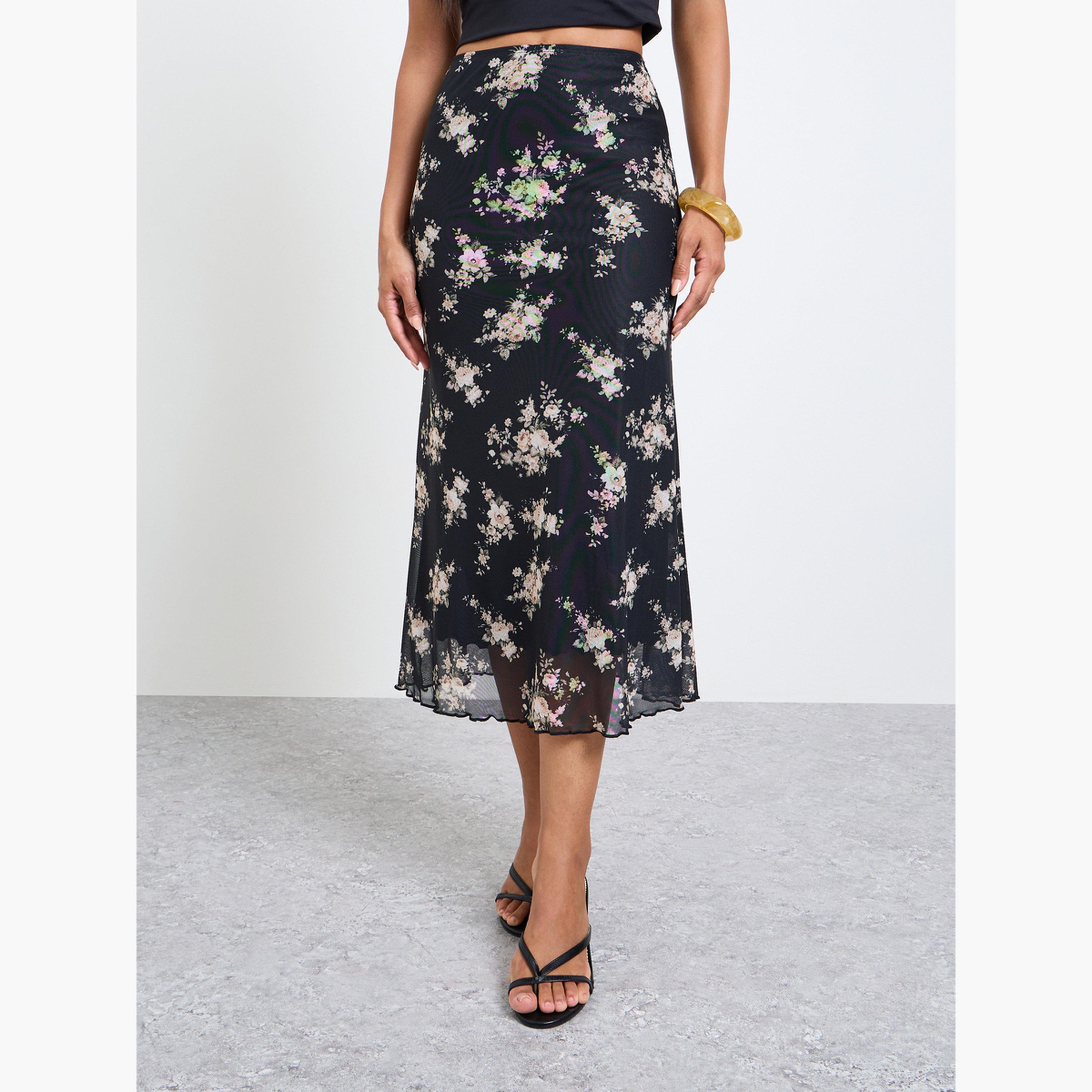 Take Two Black All Over Floral Print Ruffle Hem Midi Skirt-women-clothing-skirts-image-1