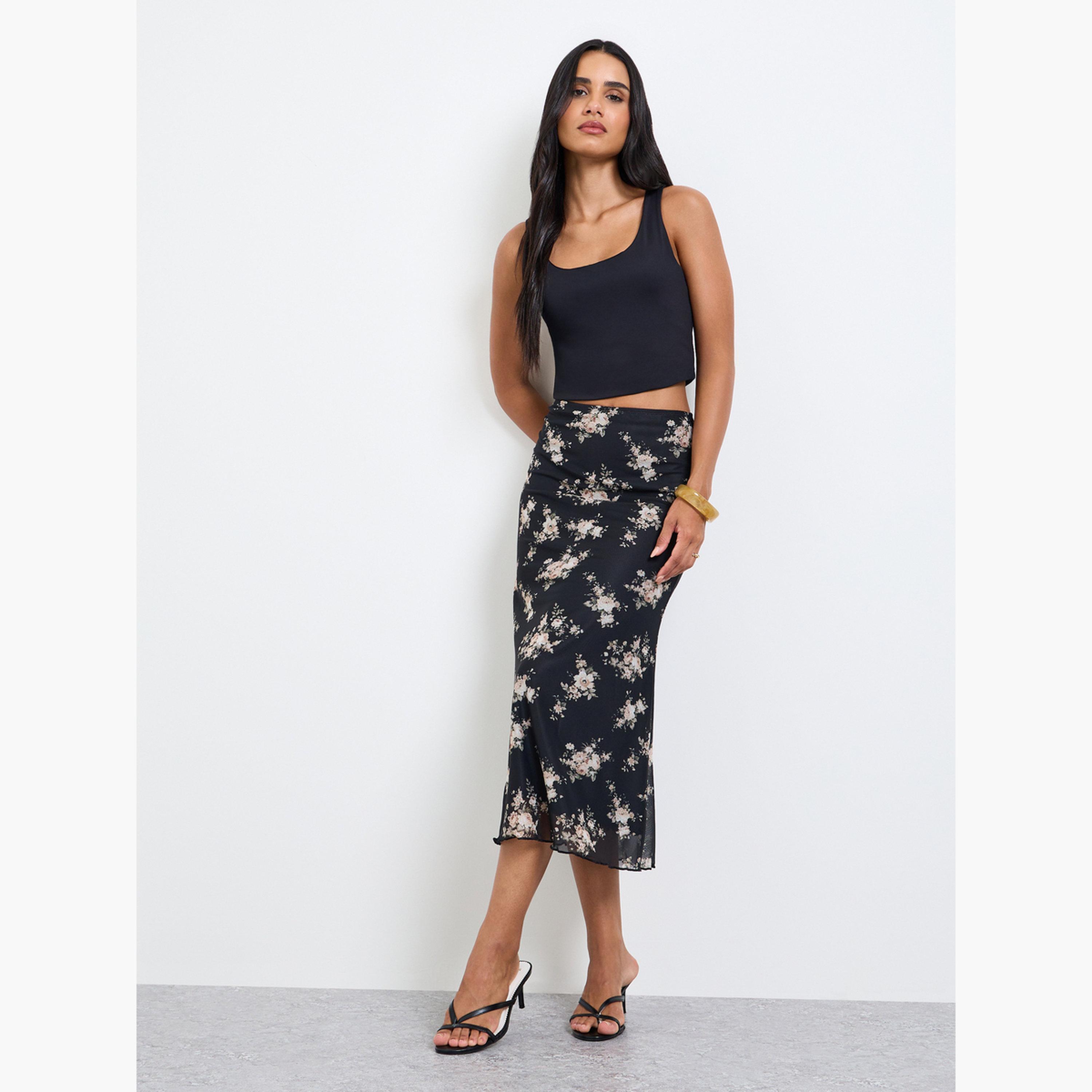 Take Two Black All Over Floral Print Ruffle Hem Midi Skirt-women-clothing-skirts-image-2