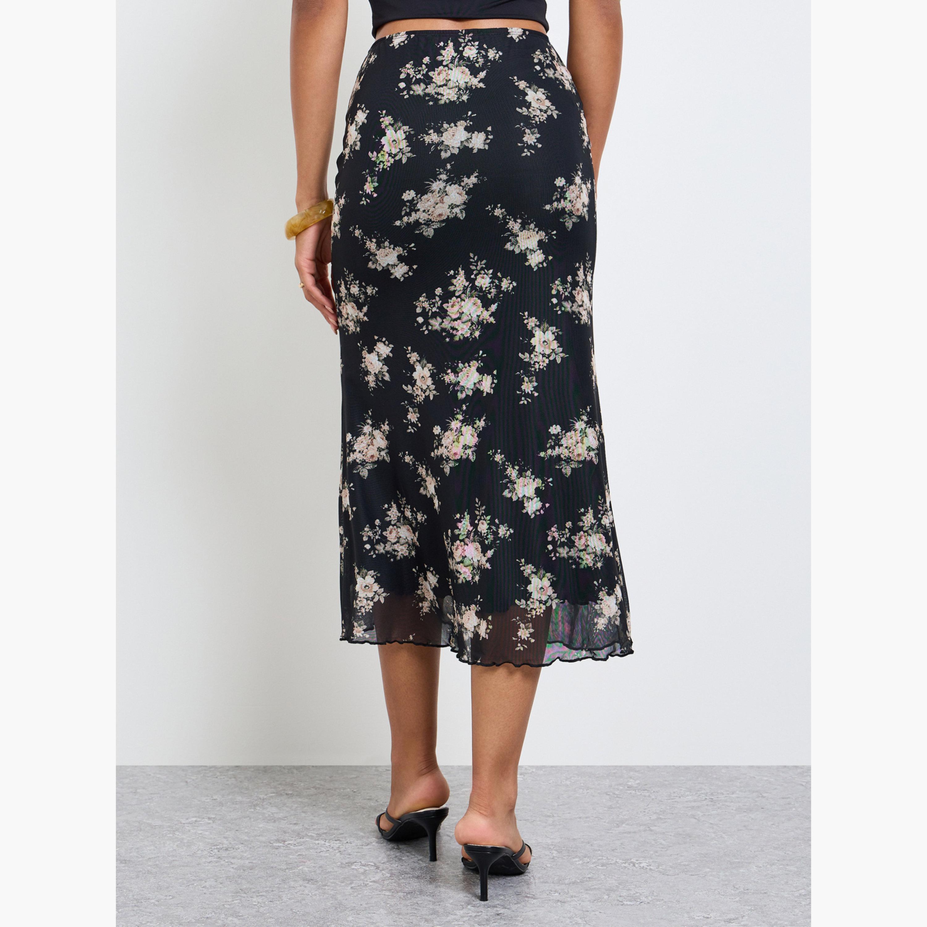 Take Two Black All Over Floral Print Ruffle Hem Midi Skirt-women-clothing-skirts-image-4