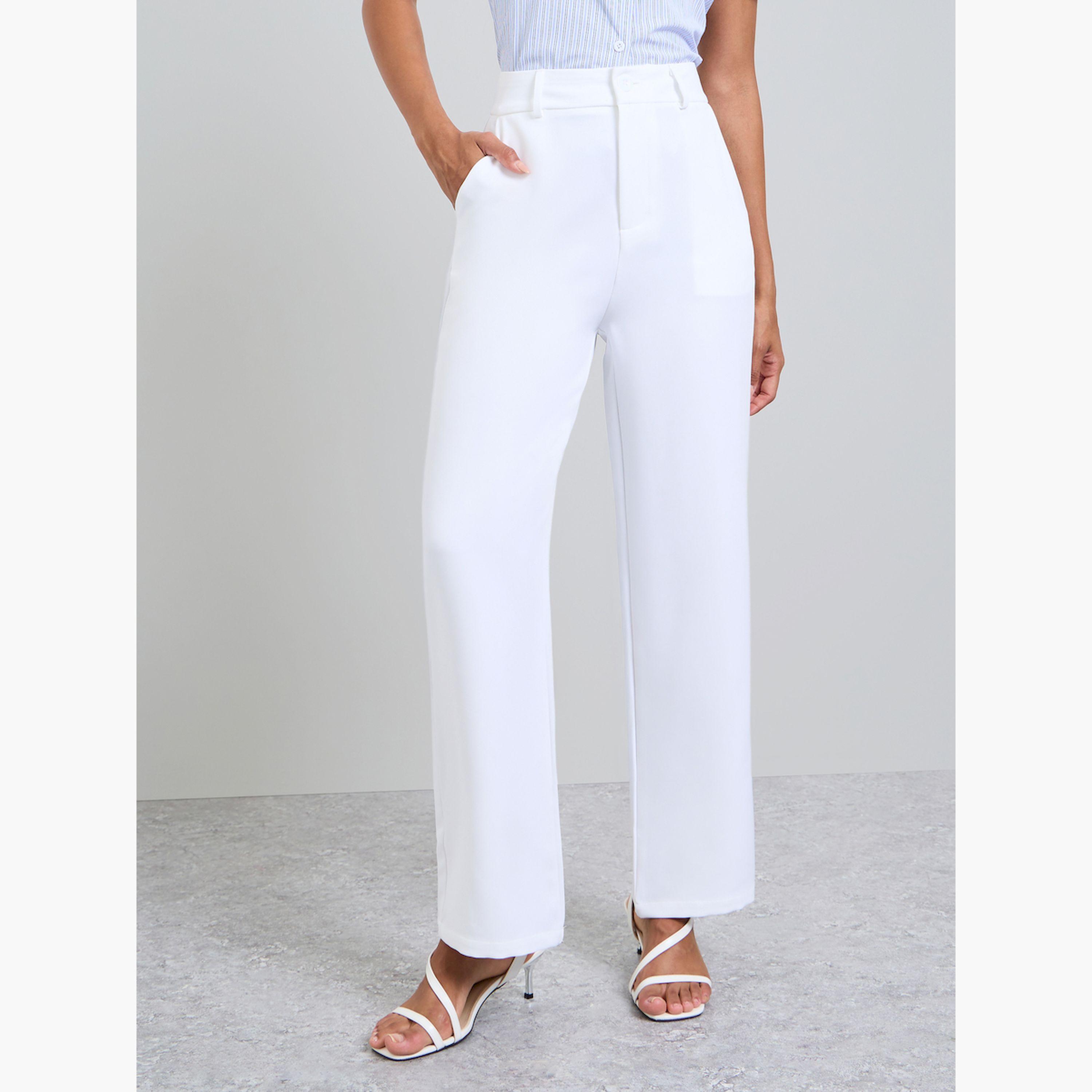 بنطال سادة بقصة مستقيمة وجيوب مائلة باللون الأبيض-women-clothing-bottoms-trousers-image-1