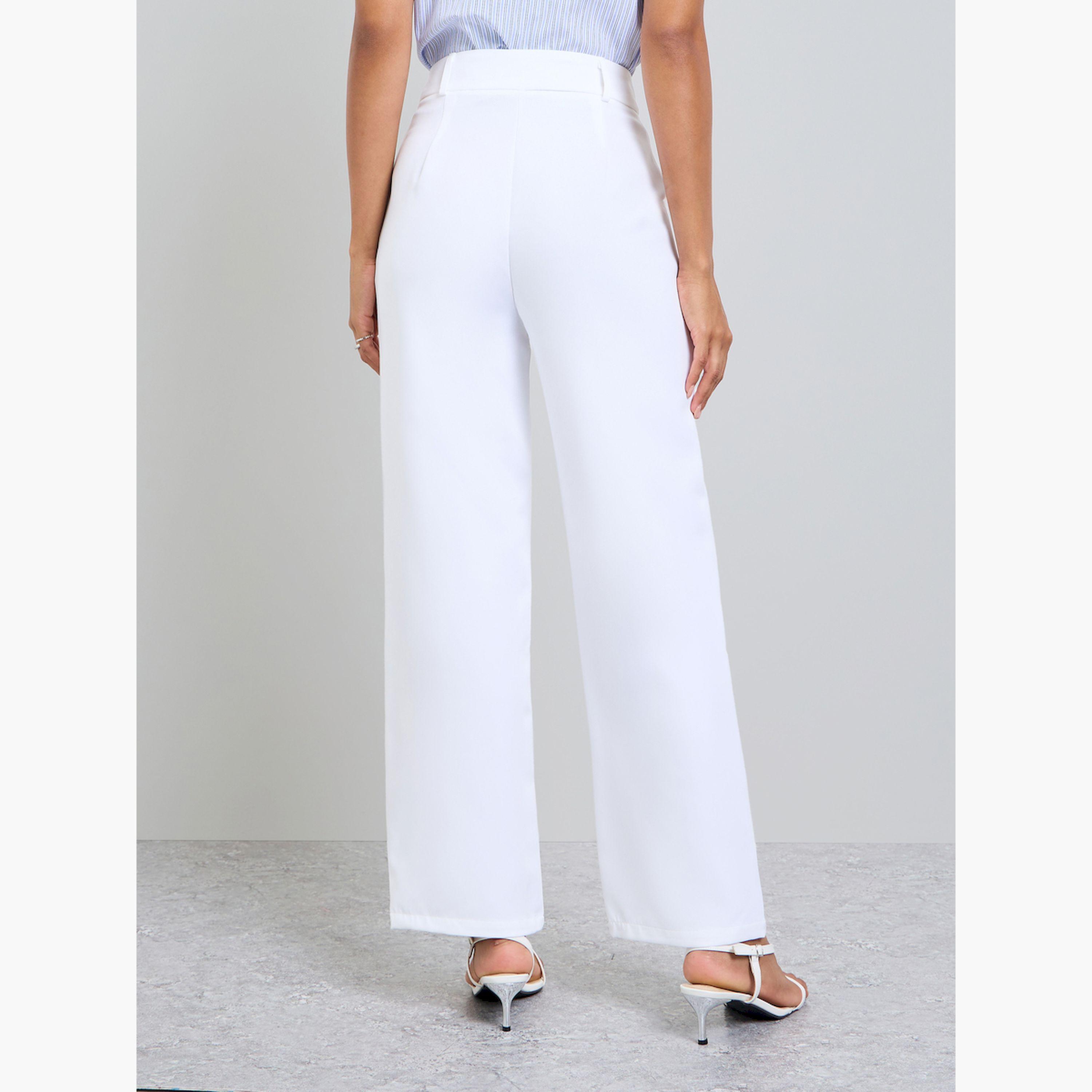 بنطال سادة بقصة مستقيمة وجيوب مائلة باللون الأبيض-women-clothing-bottoms-trousers-image-4