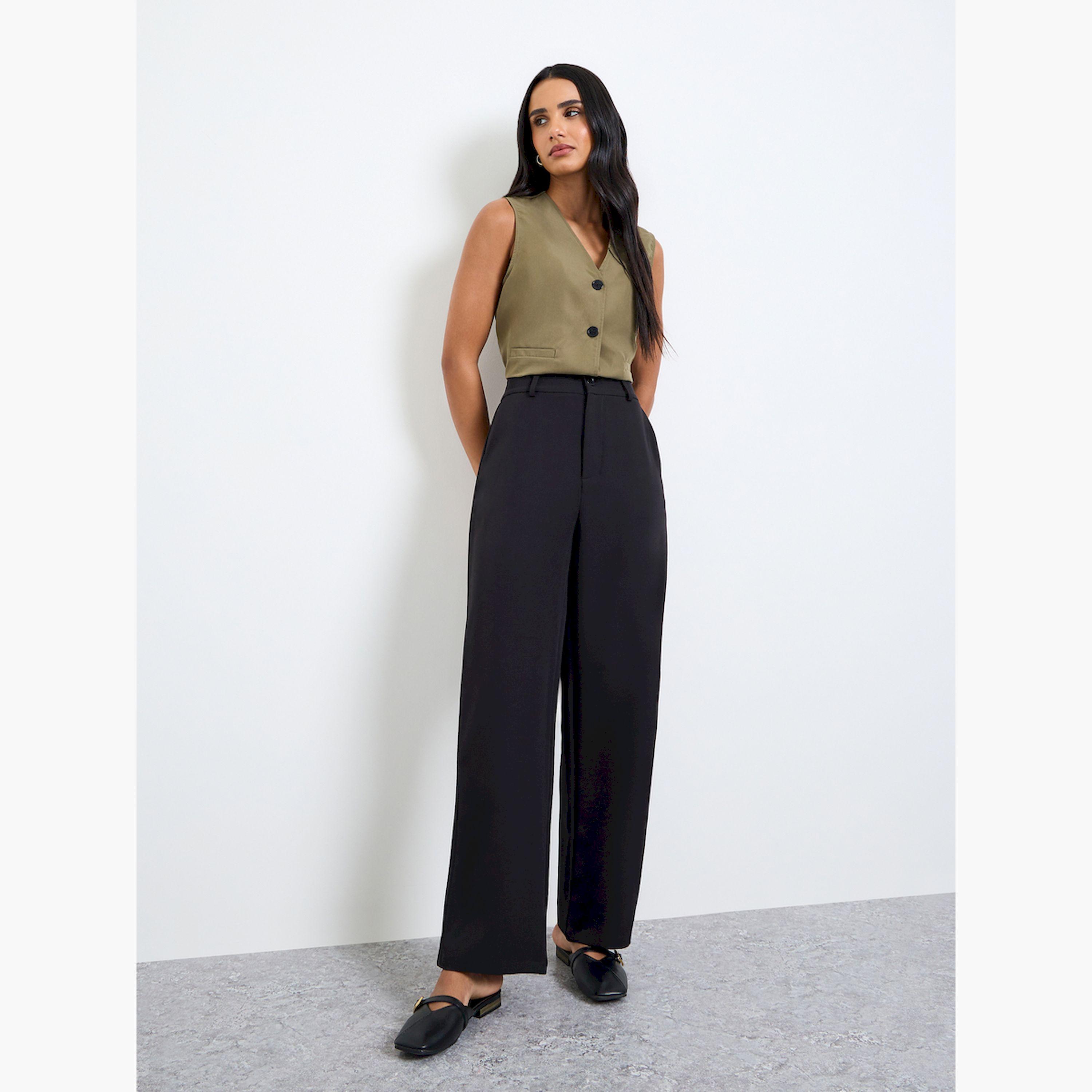Take Two Black Solid Slant Pocket Straight Pants-women-clothing-bottoms-trousers-image-2