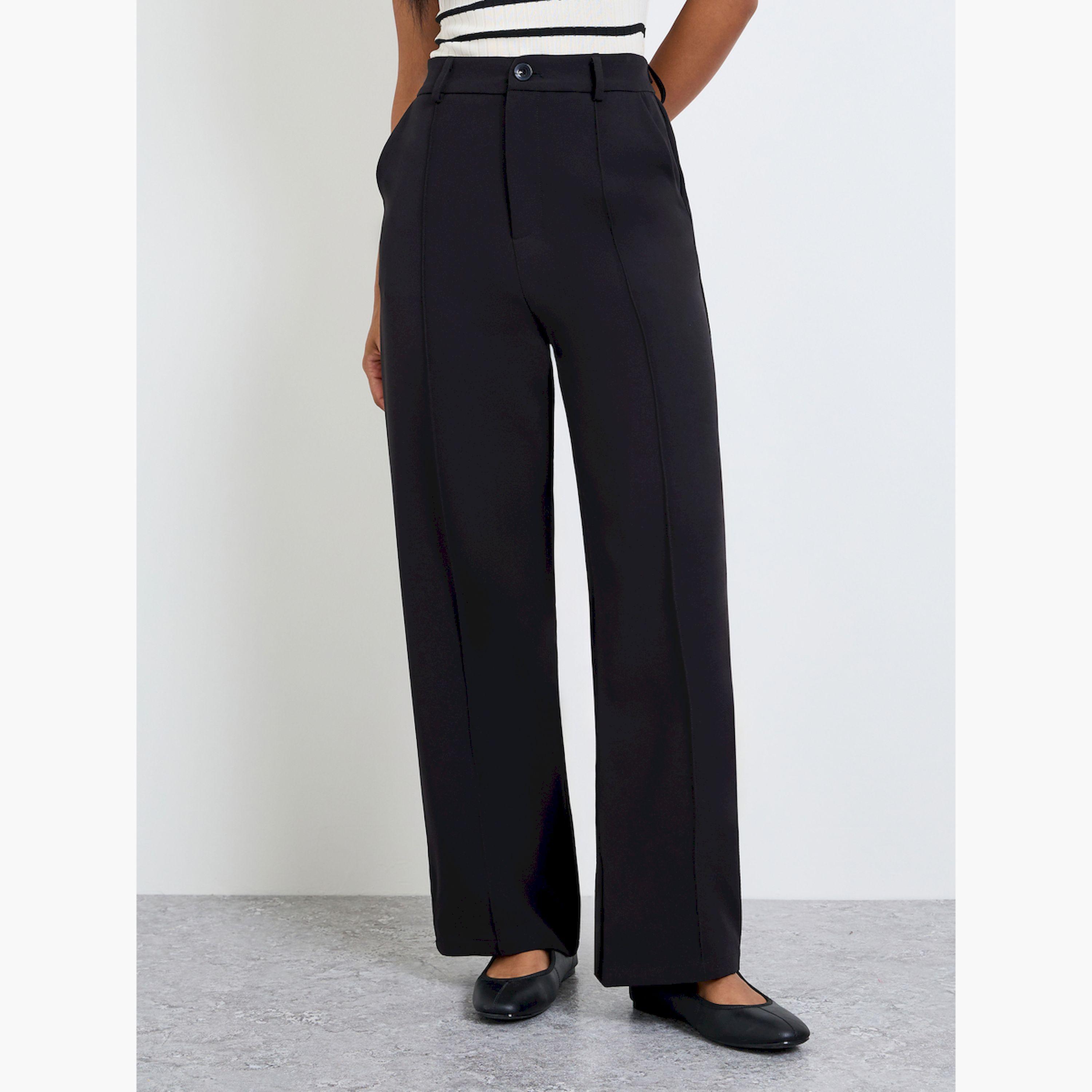 بنطال سادة بأرجل واسعة باللون الأسود-women-clothing-bottoms-joggers-image-1