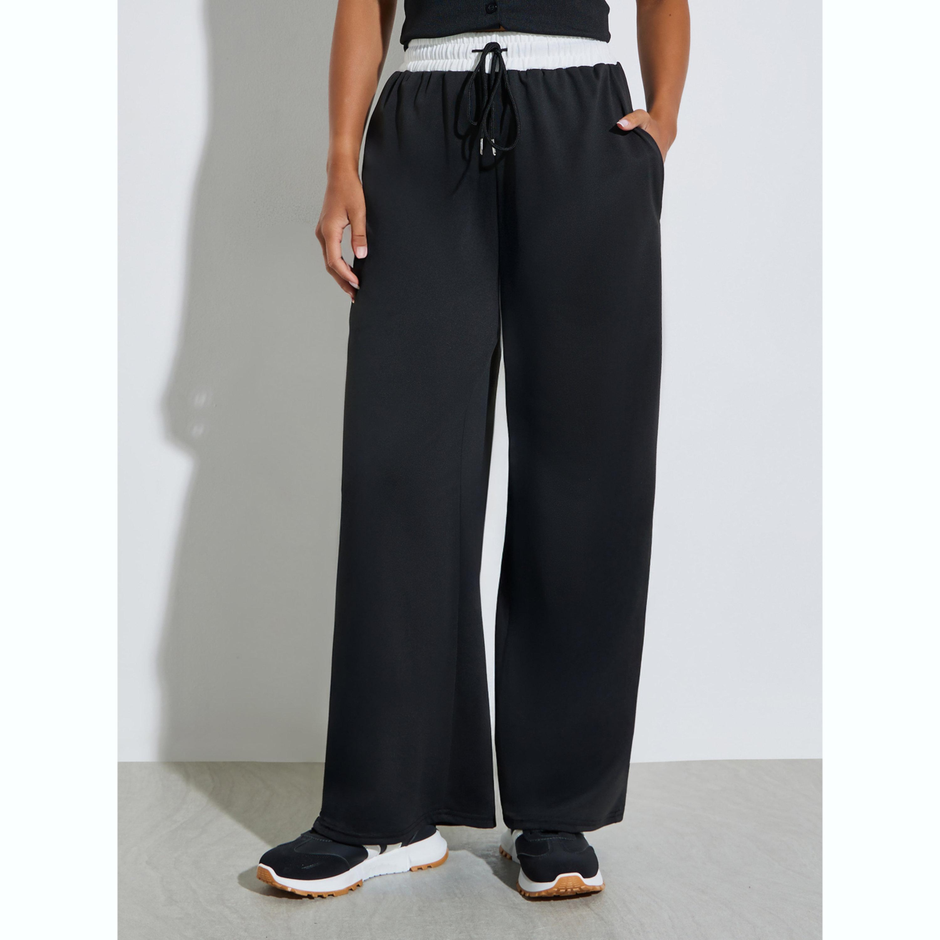 Styli Black Wide Leg Joggers with Drawstring-women-clothing-bottoms-joggers-image-1