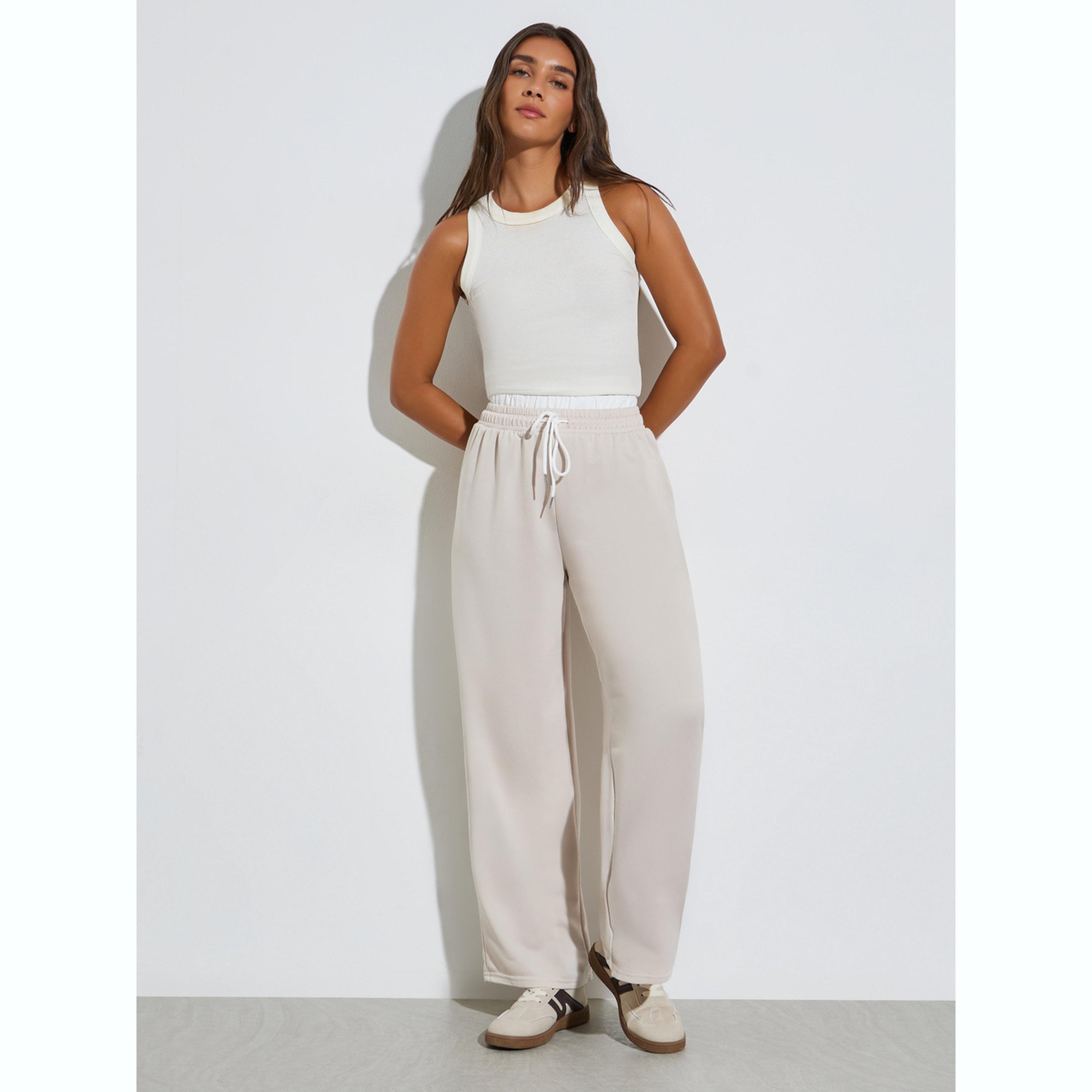 Styli Beige Wide Leg Knit Joggers with Drawcord-women-clothing-bottoms-joggers-image-2