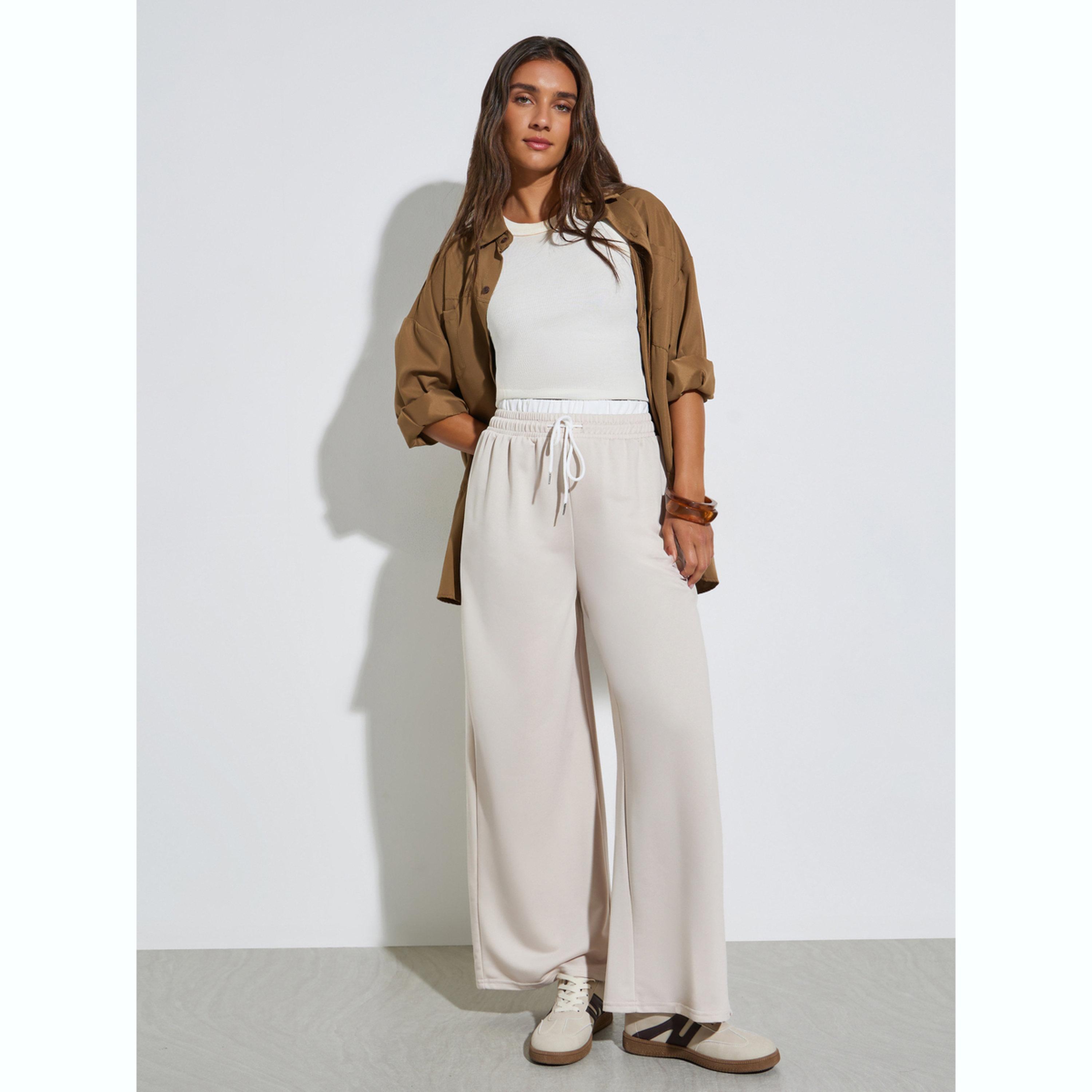 Styli Beige Wide Leg Knit Joggers with Drawcord-women-clothing-bottoms-joggers-image-3