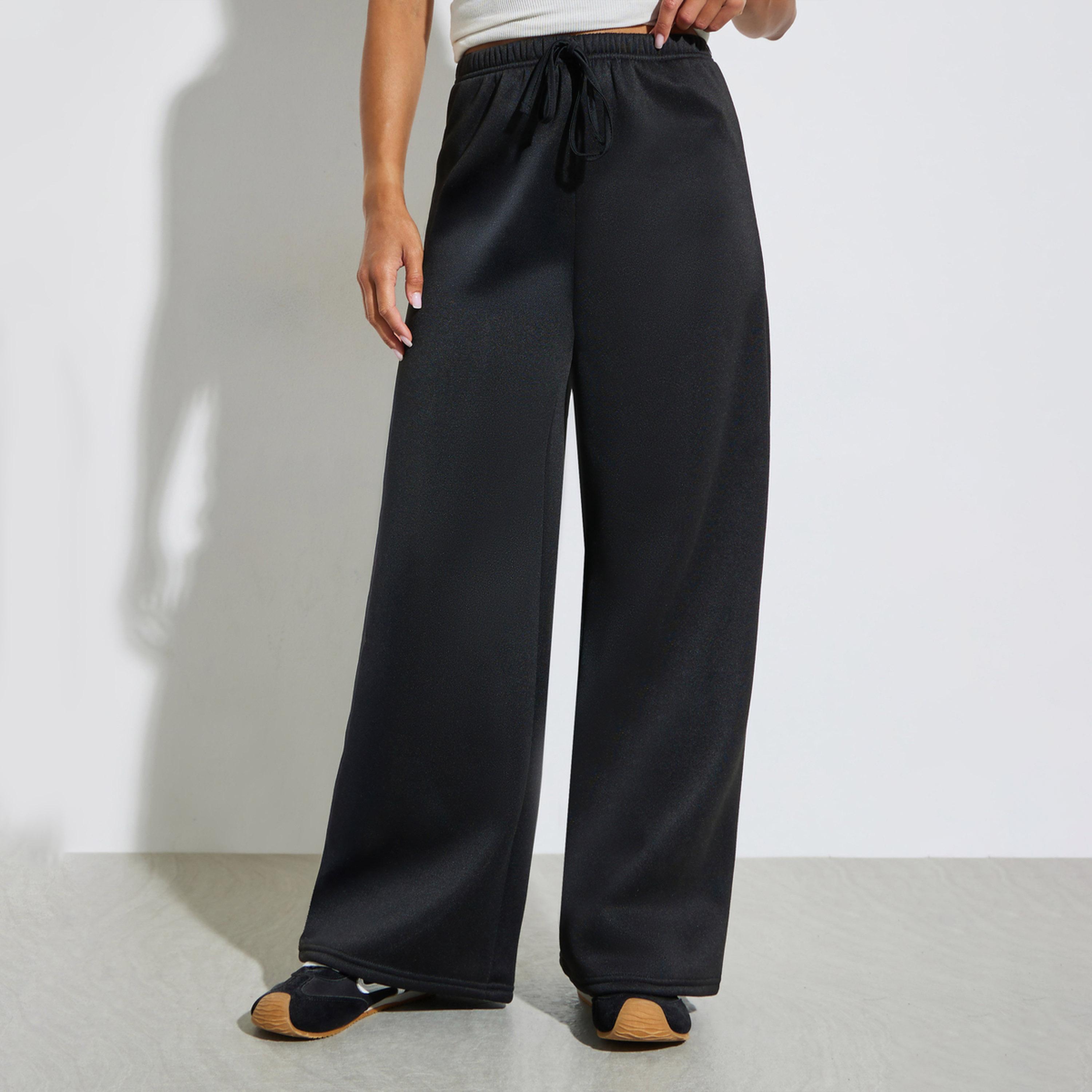 Styli Black Wide Leg Joggers with Drawstring-women-clothing-bottoms-joggers-image-1