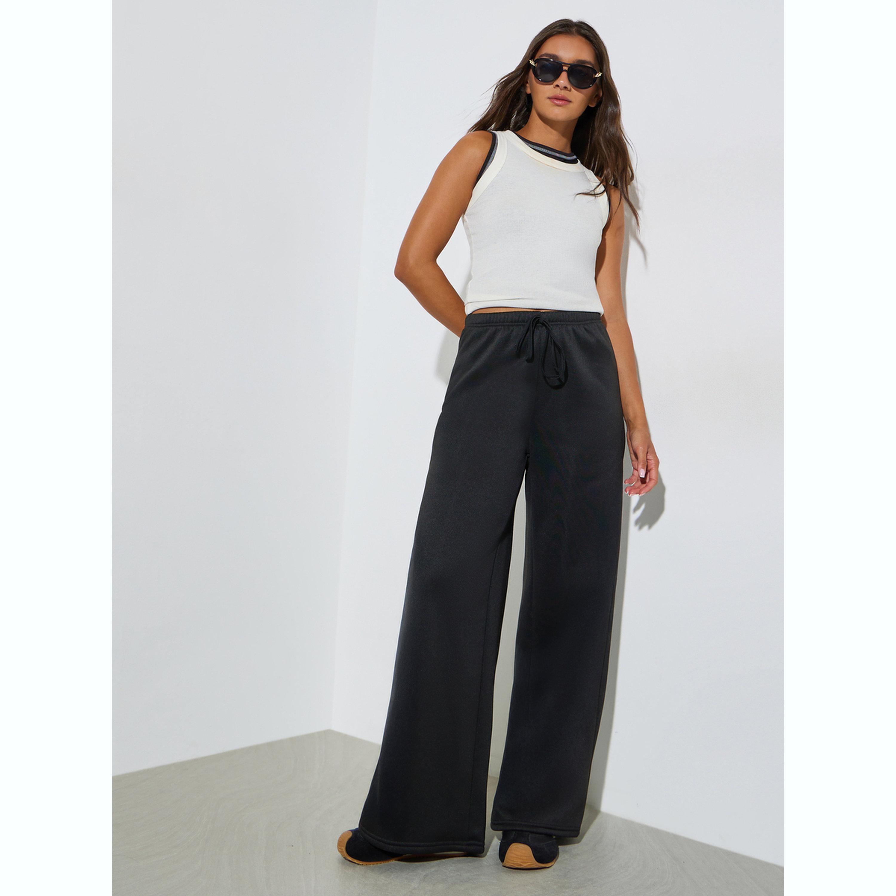 Styli Black Wide Leg Joggers with Drawstring-women-clothing-bottoms-joggers-image-2