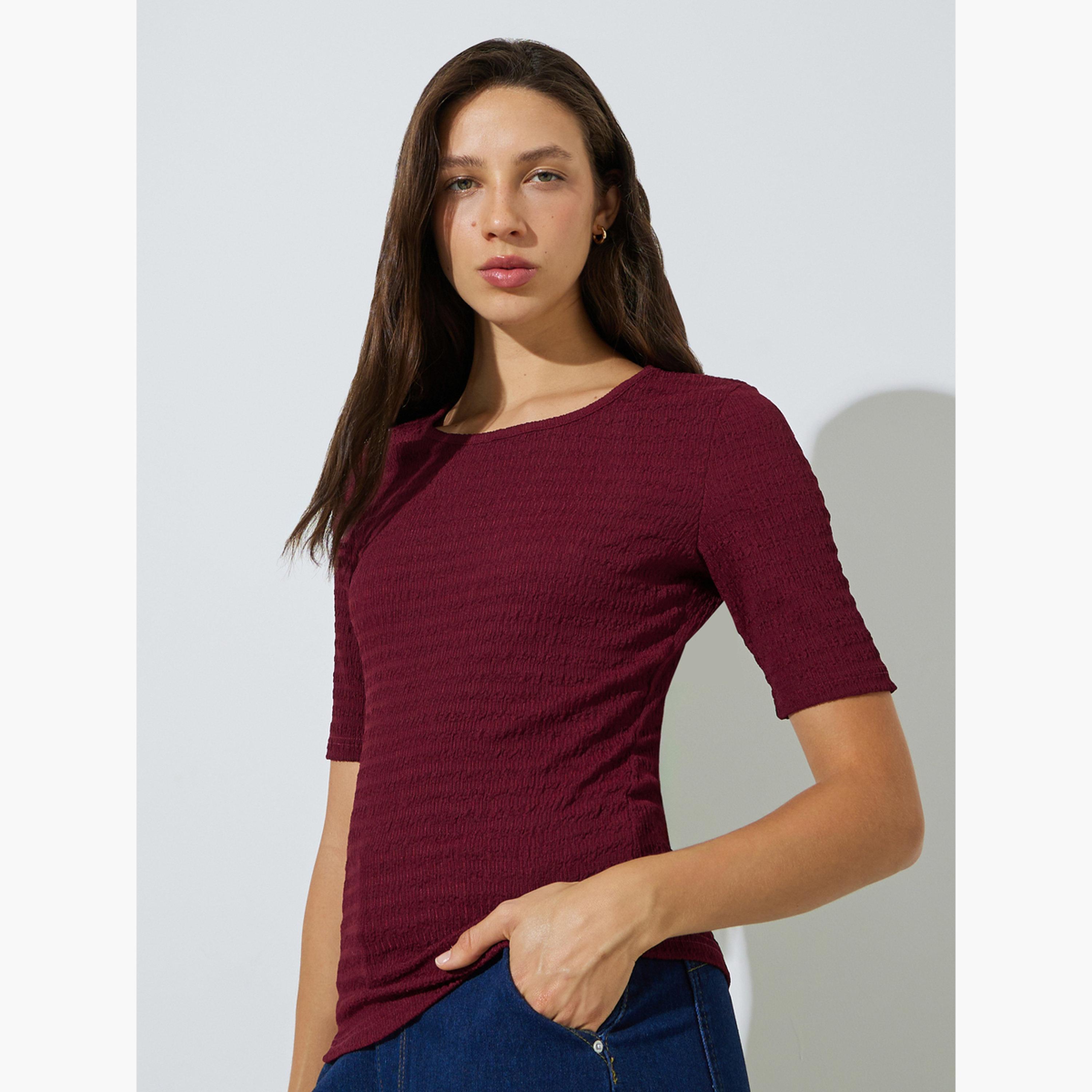 Styli Burgundy Textured Short Sleeve Knit Top-women-clothing-shirtsandblouses-blouses-image-1