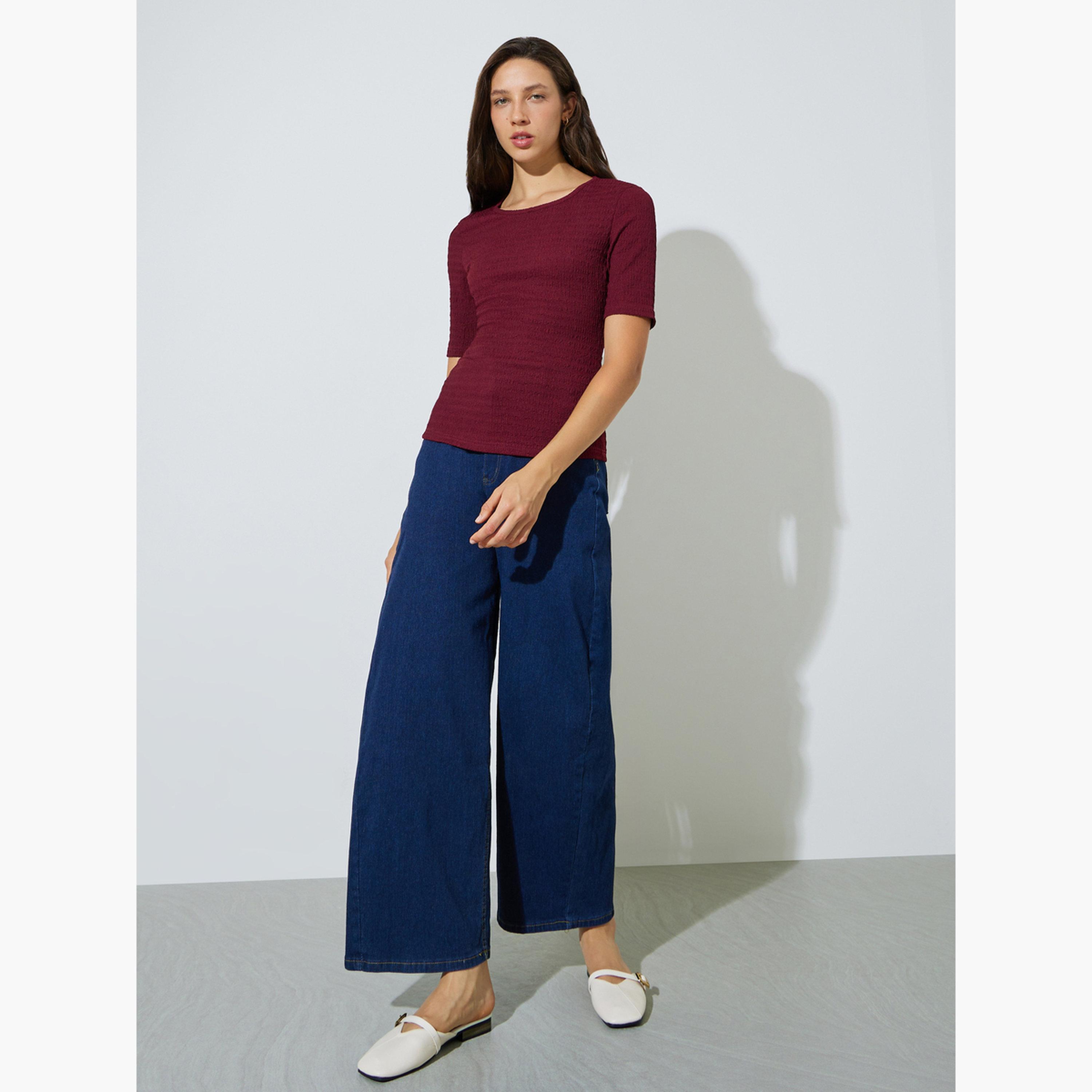 Styli Burgundy Textured Short Sleeve Knit Top-women-clothing-shirtsandblouses-blouses-image-2
