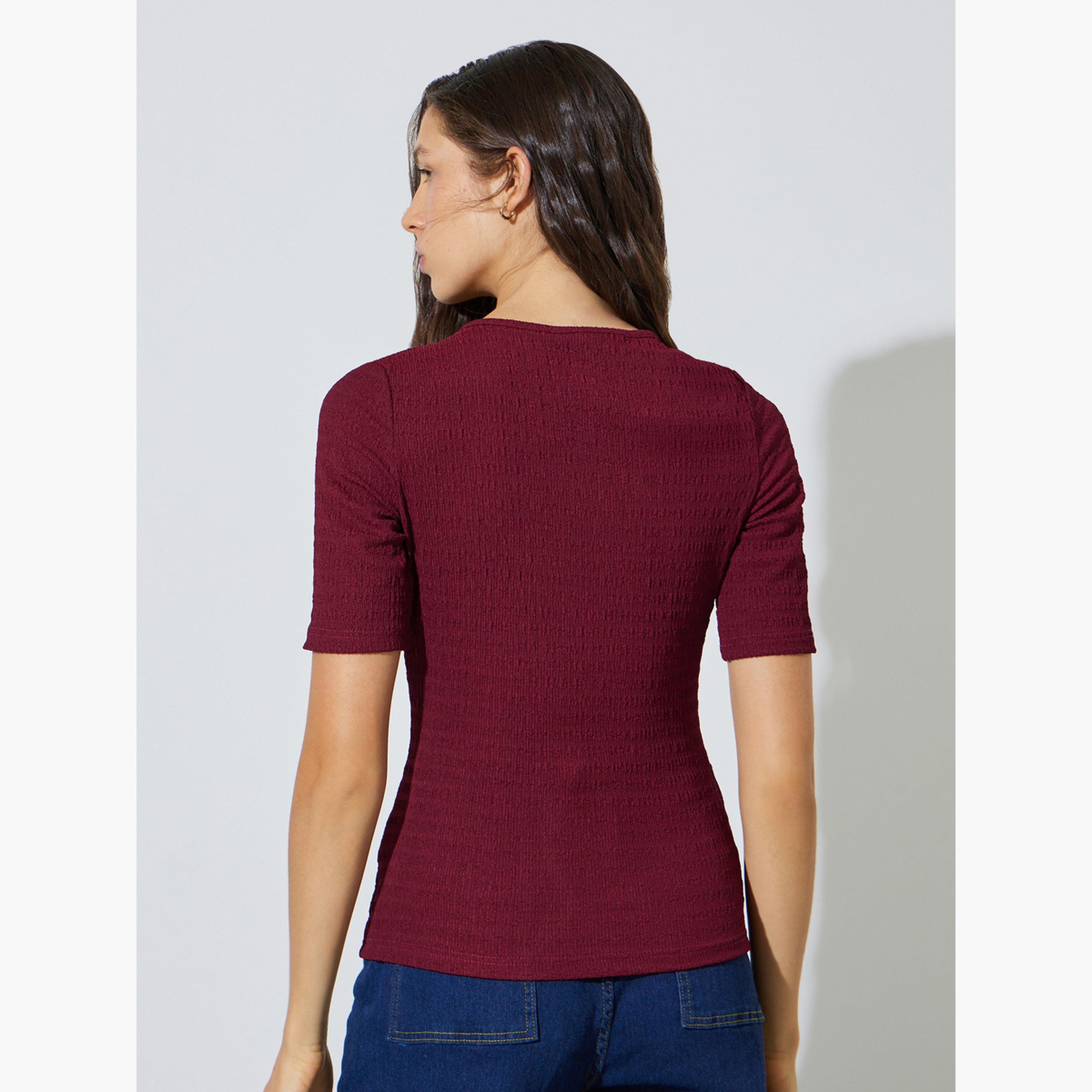 Styli Burgundy Textured Short Sleeve Knit Top-women-clothing-shirtsandblouses-blouses-image-3