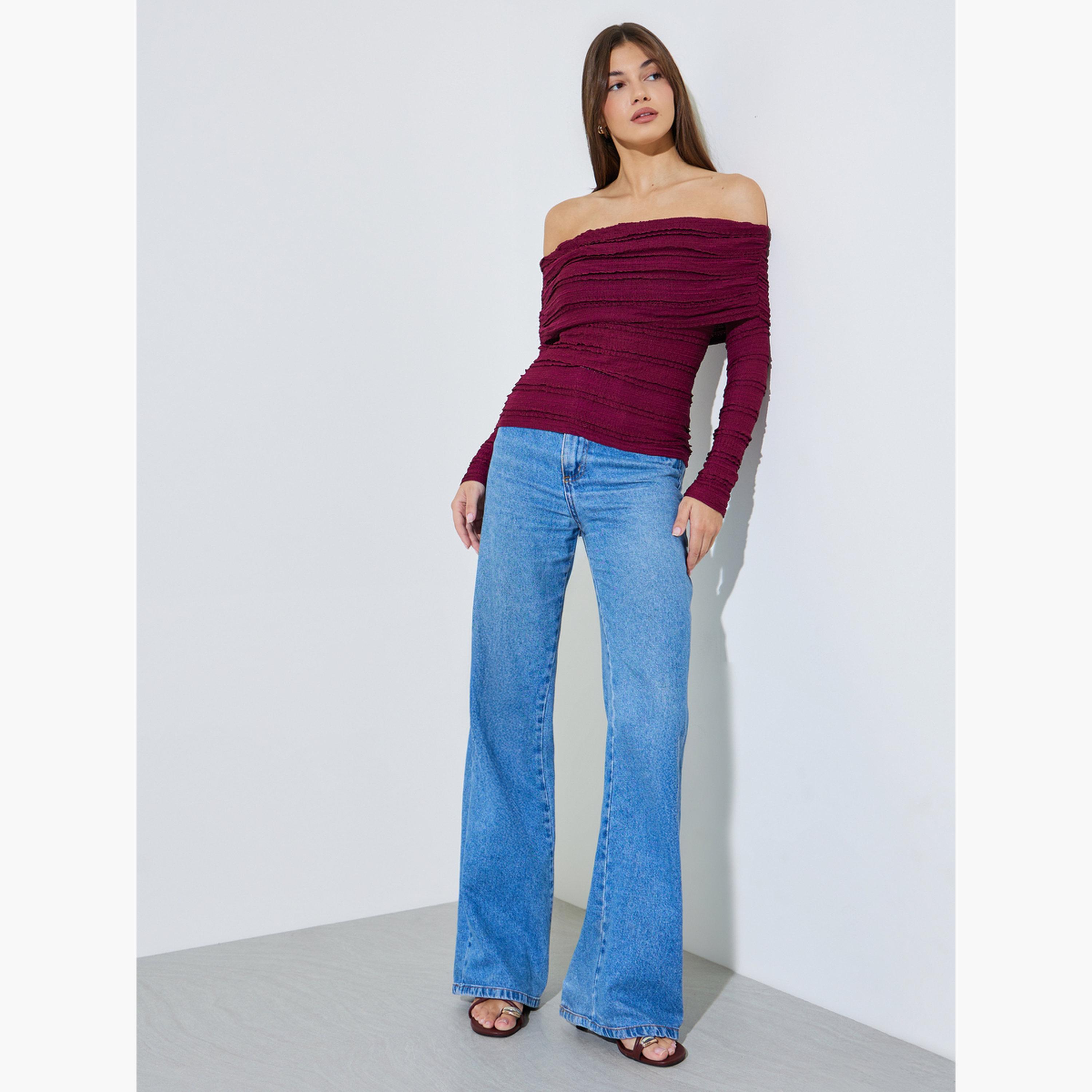 Styli Burgundy Textured Long Sleeve Off-Shoulder Knit Top-women-clothing-shirtsandblouses-blouses-image-2