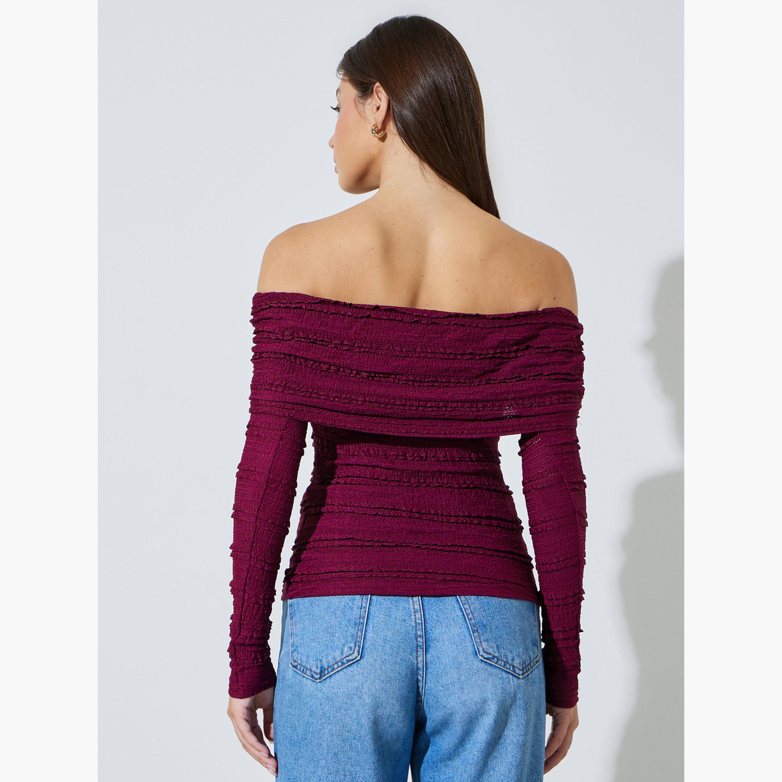 Styli Burgundy Textured Long Sleeve Off-Shoulder Knit Top-women-clothing-shirtsandblouses-blouses-image-3