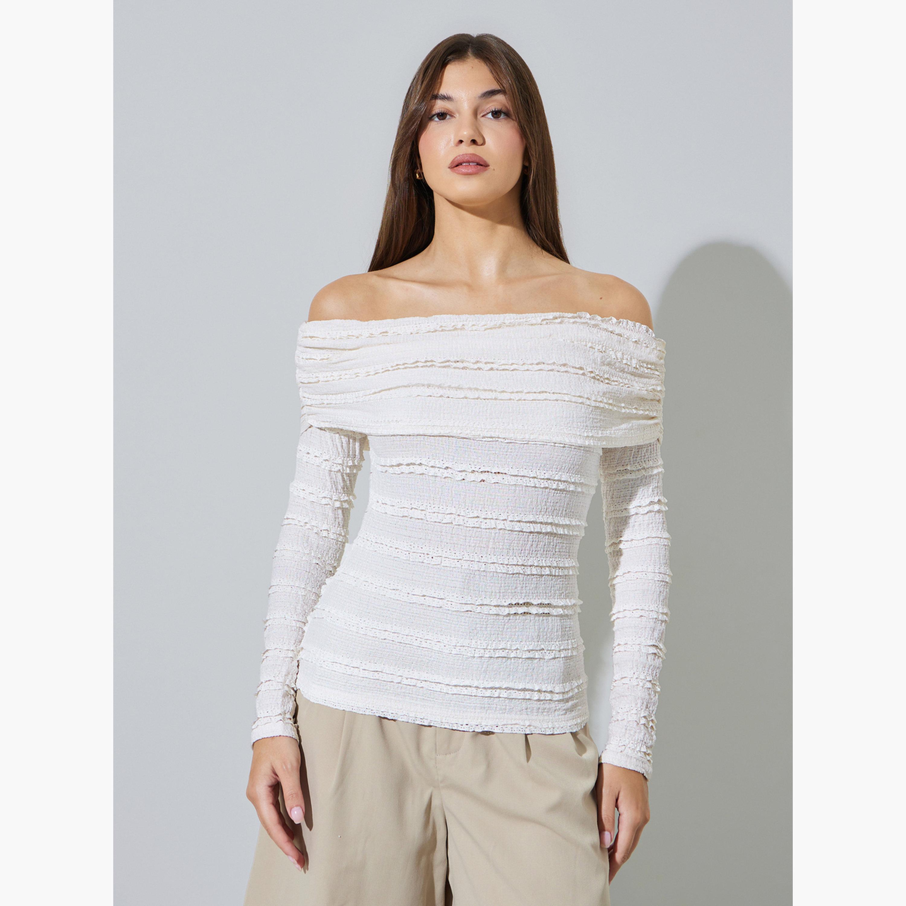 Styli Off-White Textured Long Sleeve Off-Shoulder Knit Top-women-clothing-shirtsandblouses-blouses-image-1