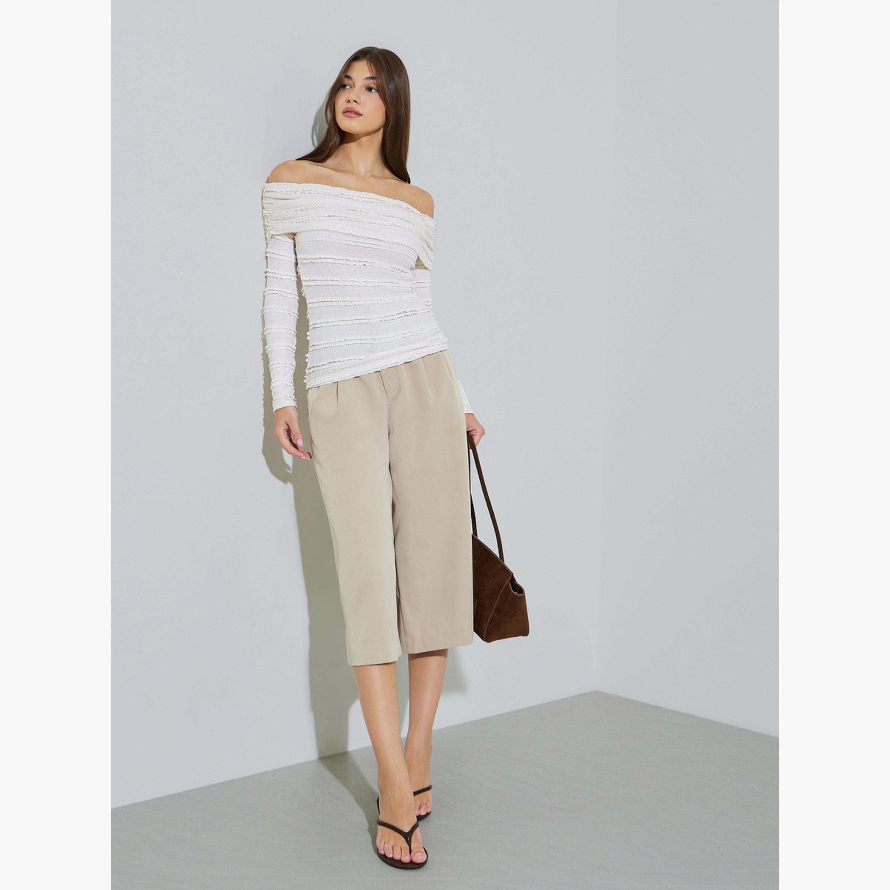Styli Off-White Textured Long Sleeve Off-Shoulder Knit Top-women-clothing-shirtsandblouses-blouses-image-2