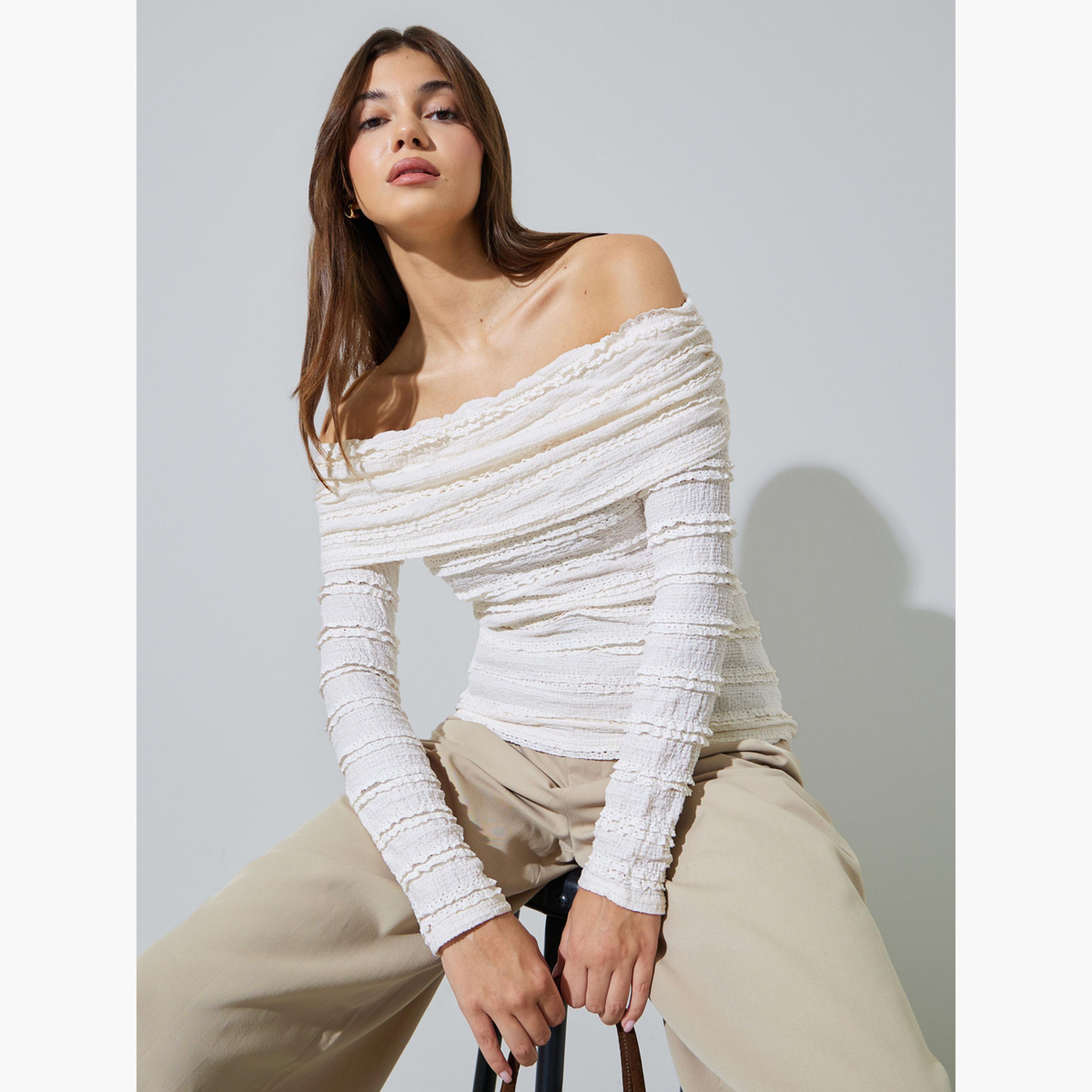 Styli Off-White Textured Long Sleeve Off-Shoulder Knit Top-women-clothing-shirtsandblouses-blouses-image-3