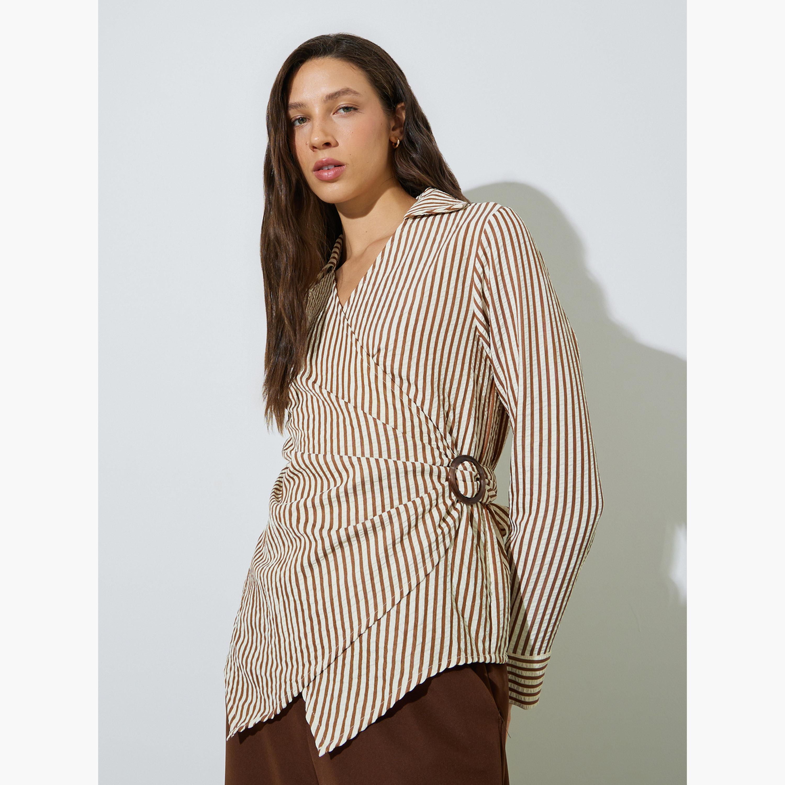 ستايلي - بلوزة ملفوفة بأكمام طويلة مخططة باللون البني-women-clothing-shirtsandblouses-blouses-image-1