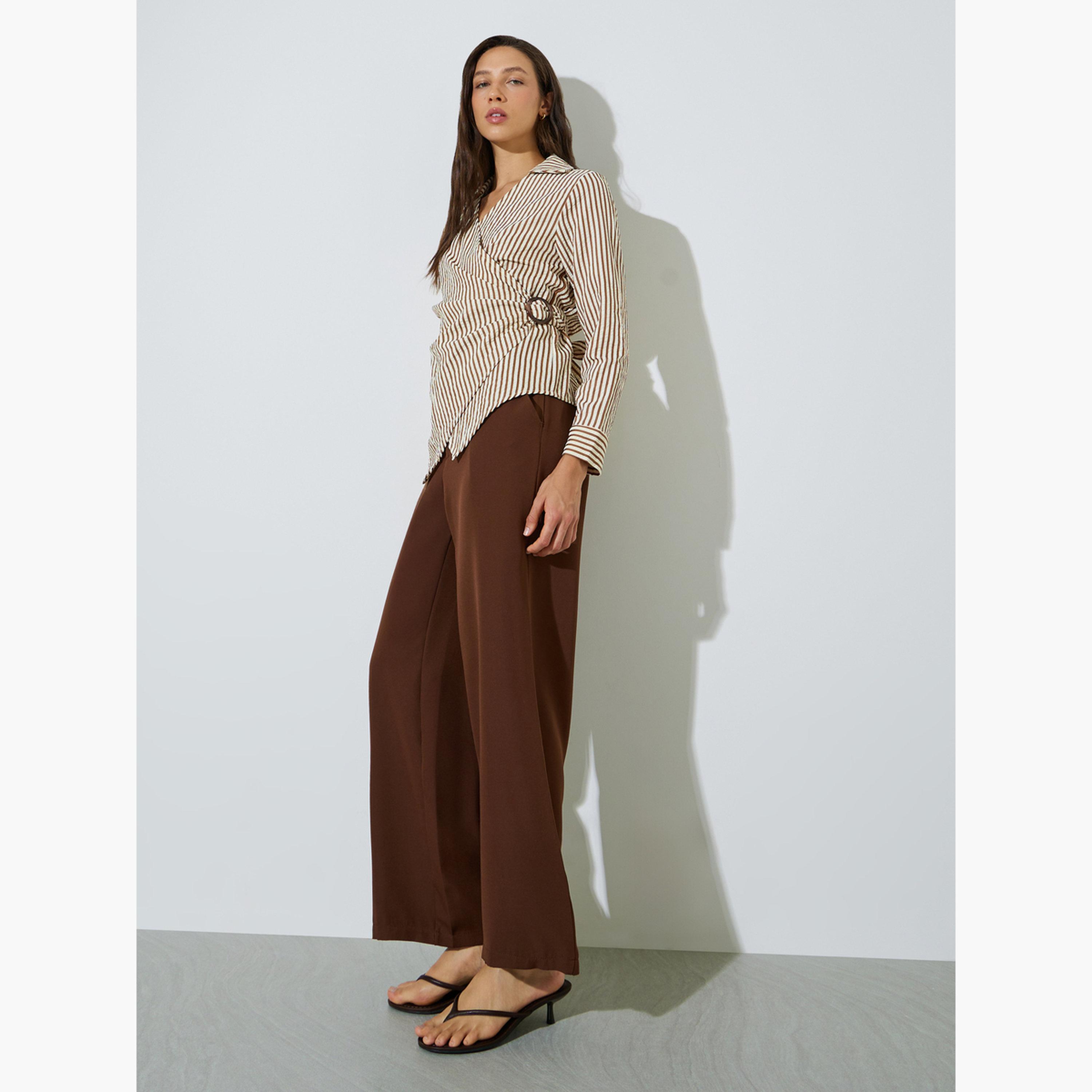 ستايلي - بلوزة ملفوفة بأكمام طويلة مخططة باللون البني-women-clothing-shirtsandblouses-blouses-image-2