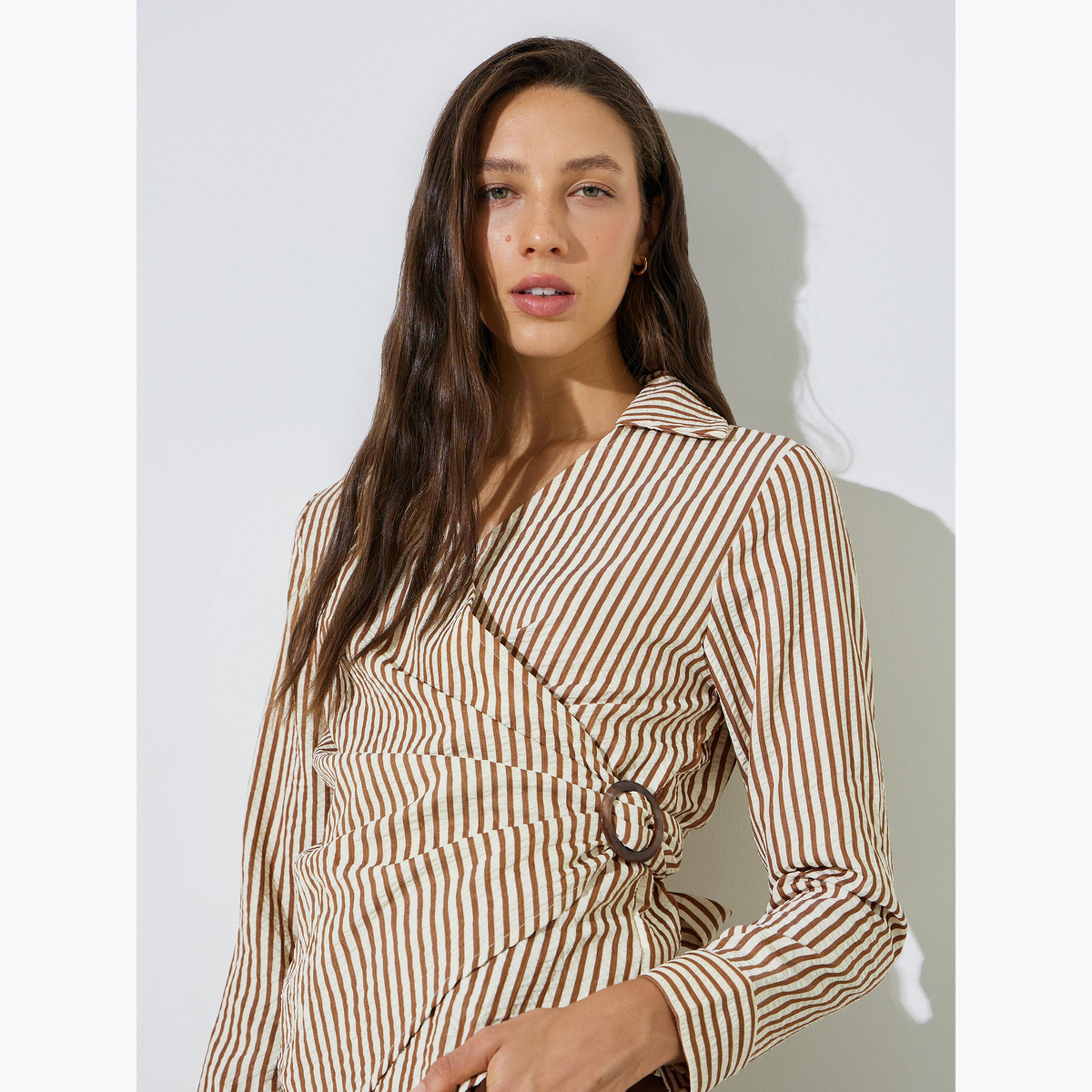 ستايلي - بلوزة ملفوفة بأكمام طويلة مخططة باللون البني-women-clothing-shirtsandblouses-blouses-image-3