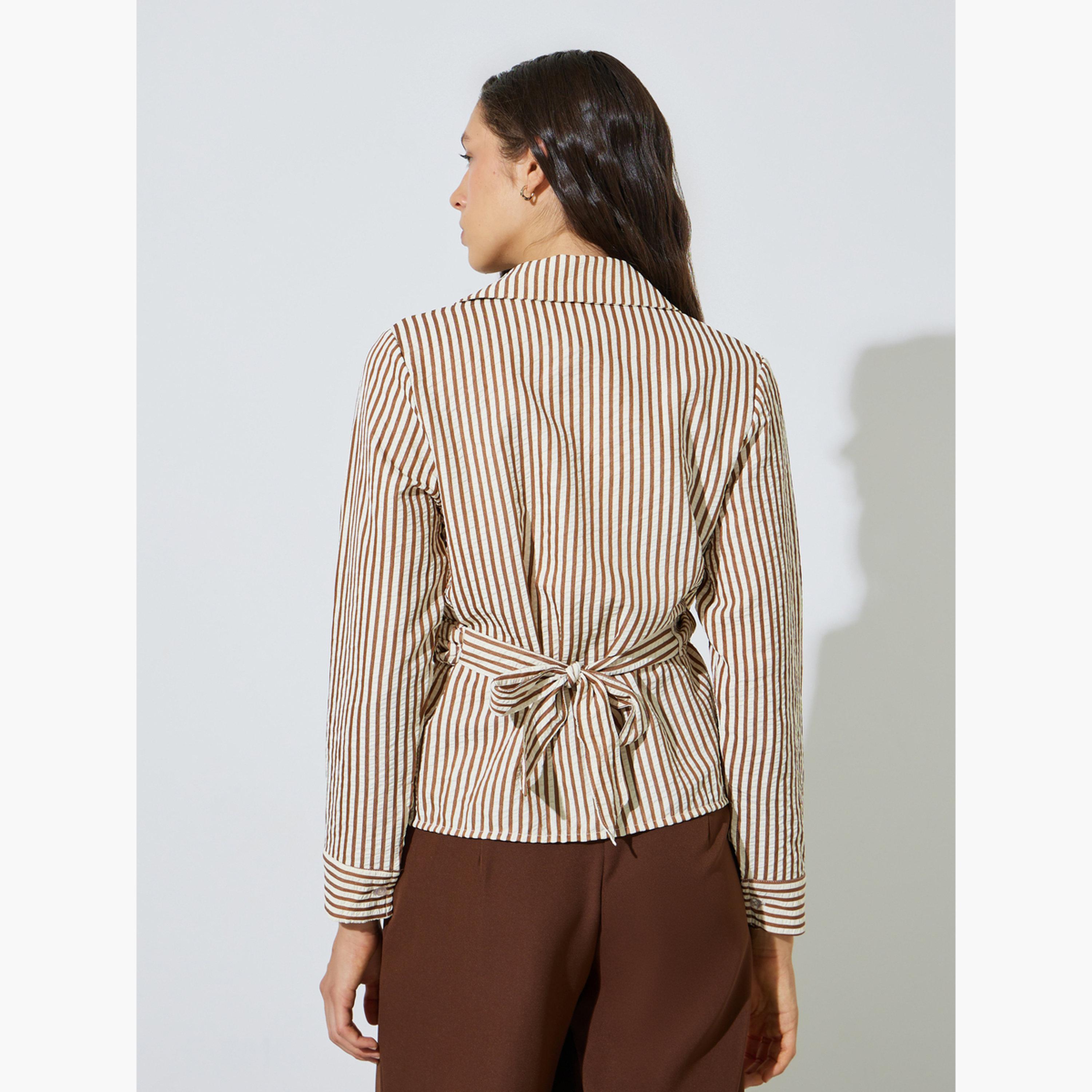 ستايلي - بلوزة ملفوفة بأكمام طويلة مخططة باللون البني-women-clothing-shirtsandblouses-blouses-image-4