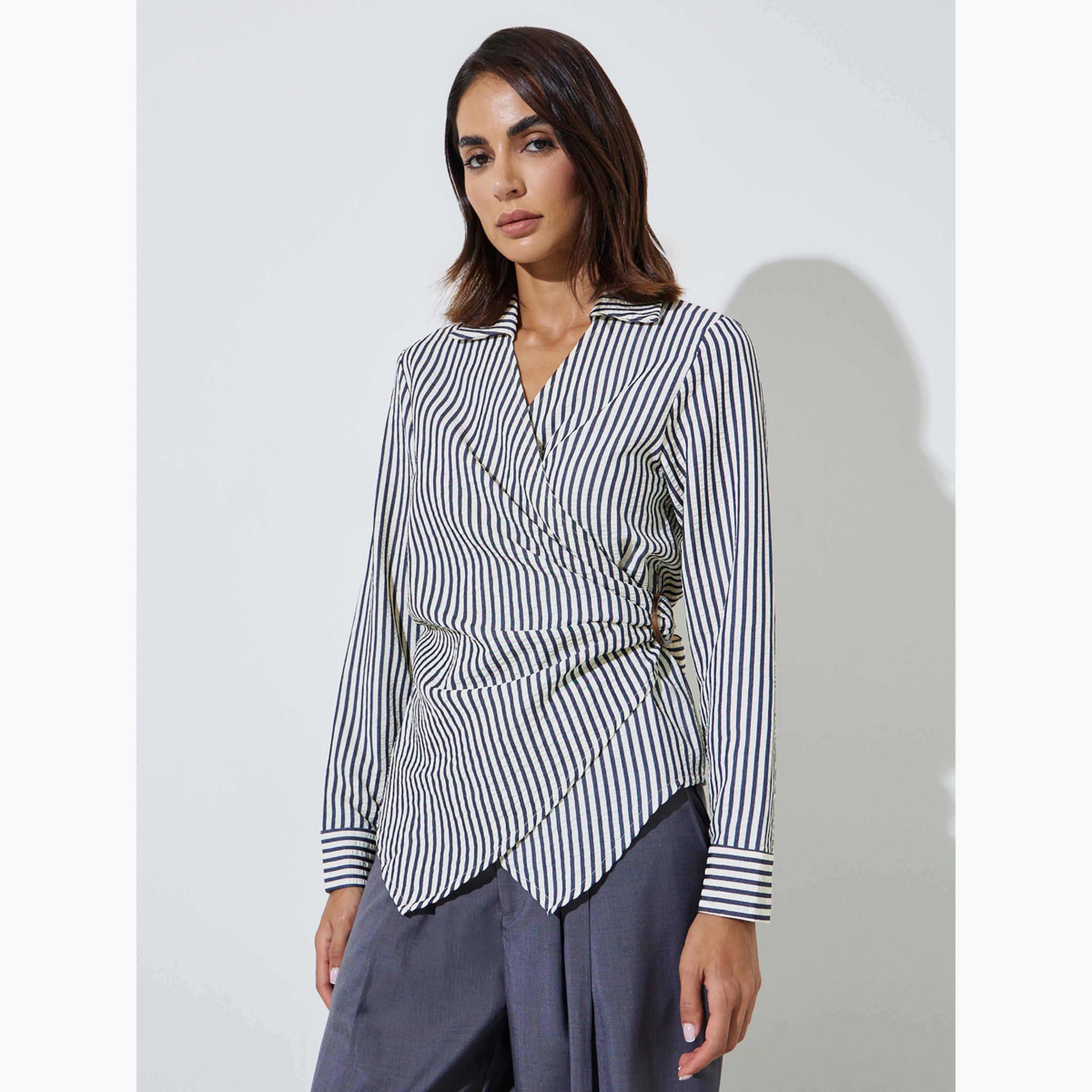 ستايلي - بلوزة طويلة الأكمام مخططة باللون الأزرق الداكن-women-clothing-shirtsandblouses-blouses-image-1
