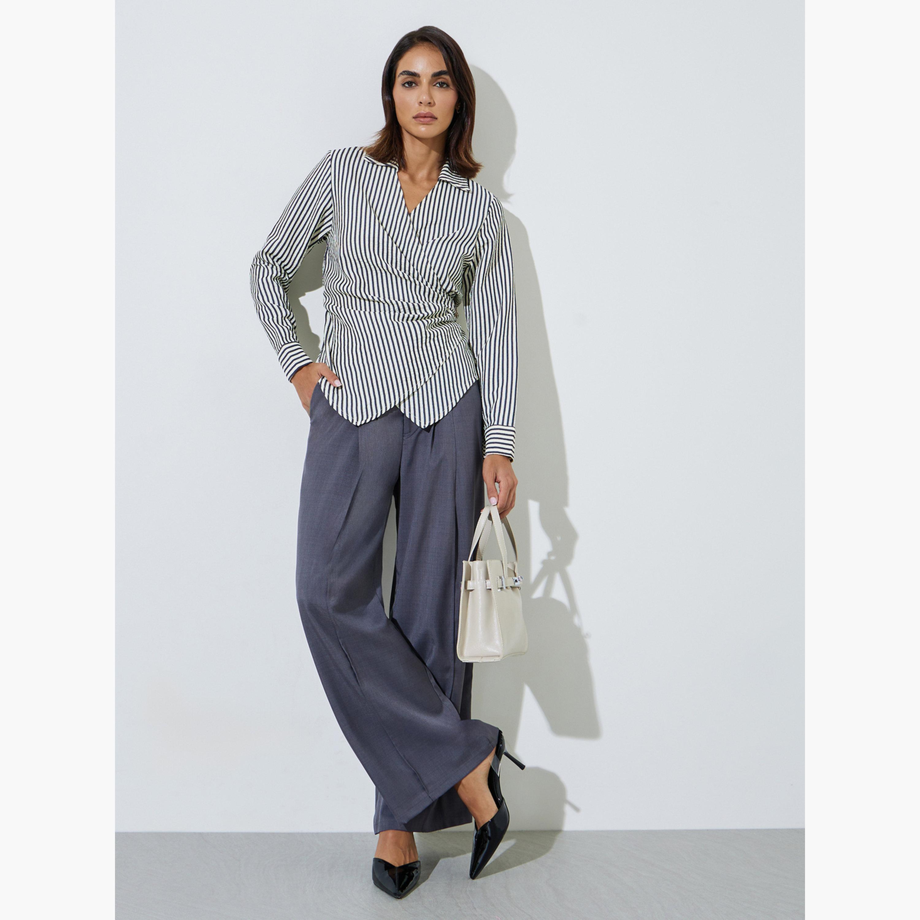 ستايلي - بلوزة طويلة الأكمام مخططة باللون الأزرق الداكن-women-clothing-shirtsandblouses-blouses-image-2