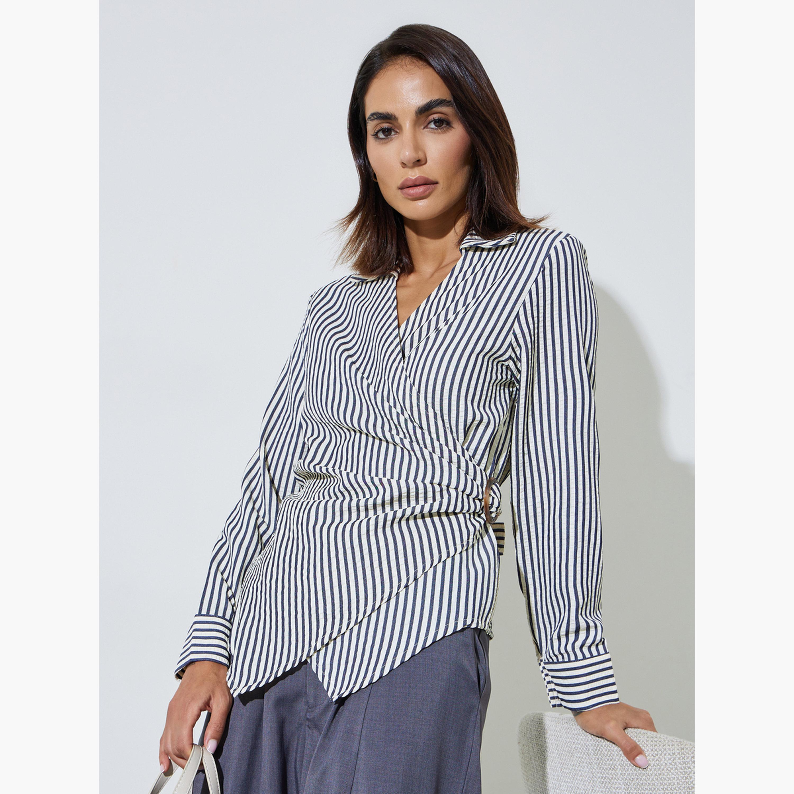 ستايلي - بلوزة طويلة الأكمام مخططة باللون الأزرق الداكن-women-clothing-shirtsandblouses-blouses-image-3
