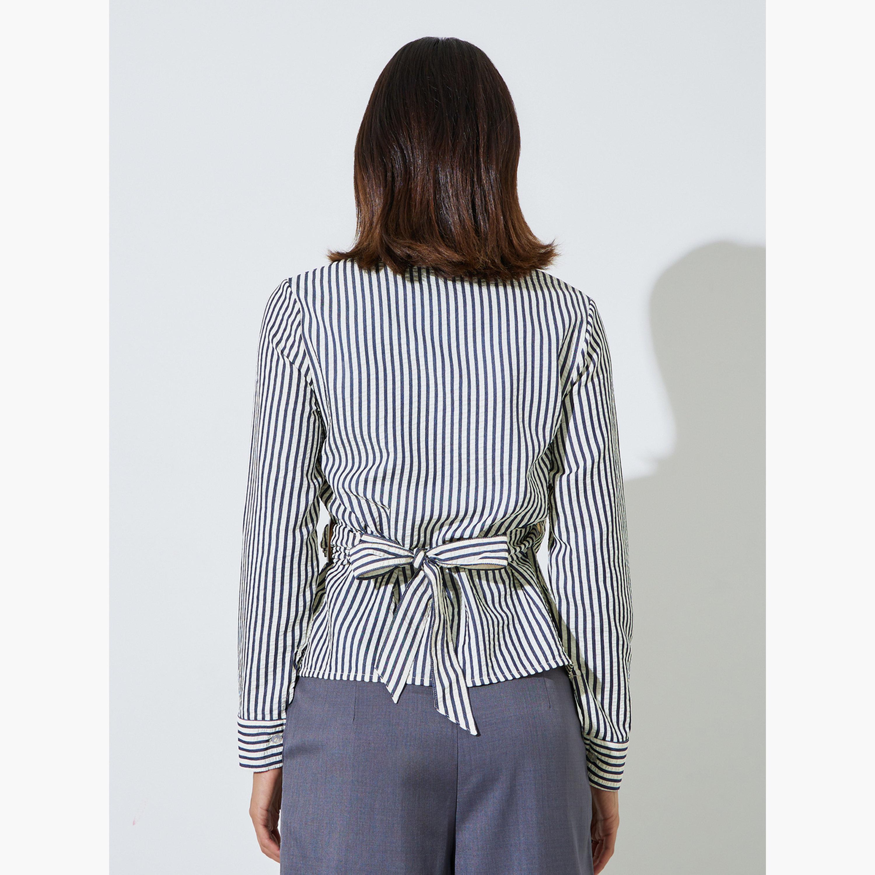 ستايلي - بلوزة طويلة الأكمام مخططة باللون الأزرق الداكن-women-clothing-shirtsandblouses-blouses-image-4