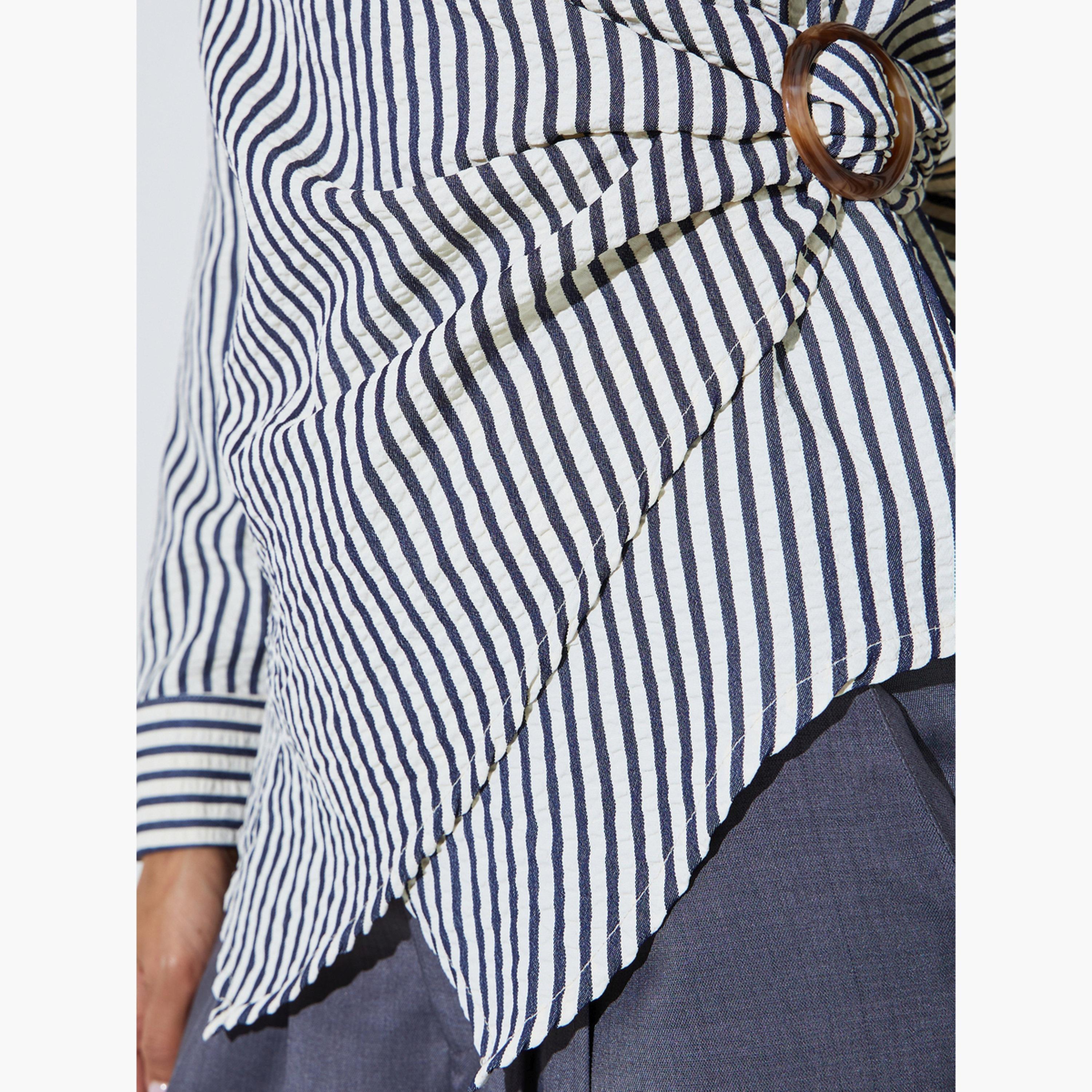 ستايلي - بلوزة طويلة الأكمام مخططة باللون الأزرق الداكن-women-clothing-shirtsandblouses-blouses-image-5