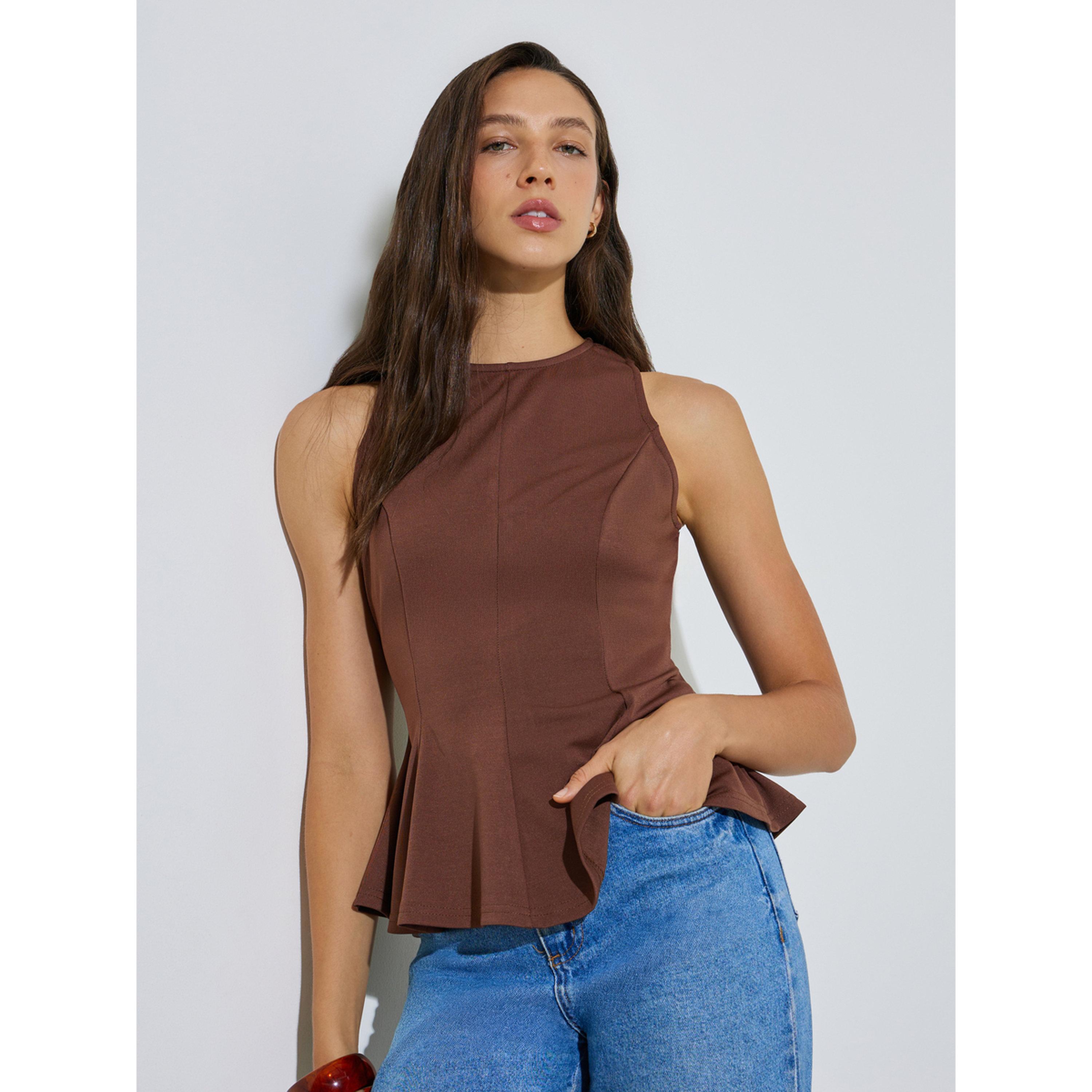 Styli Brown Solid Sleeveless Peplum Blouse-women-clothing-shirtsandblouses-blouses-image-1