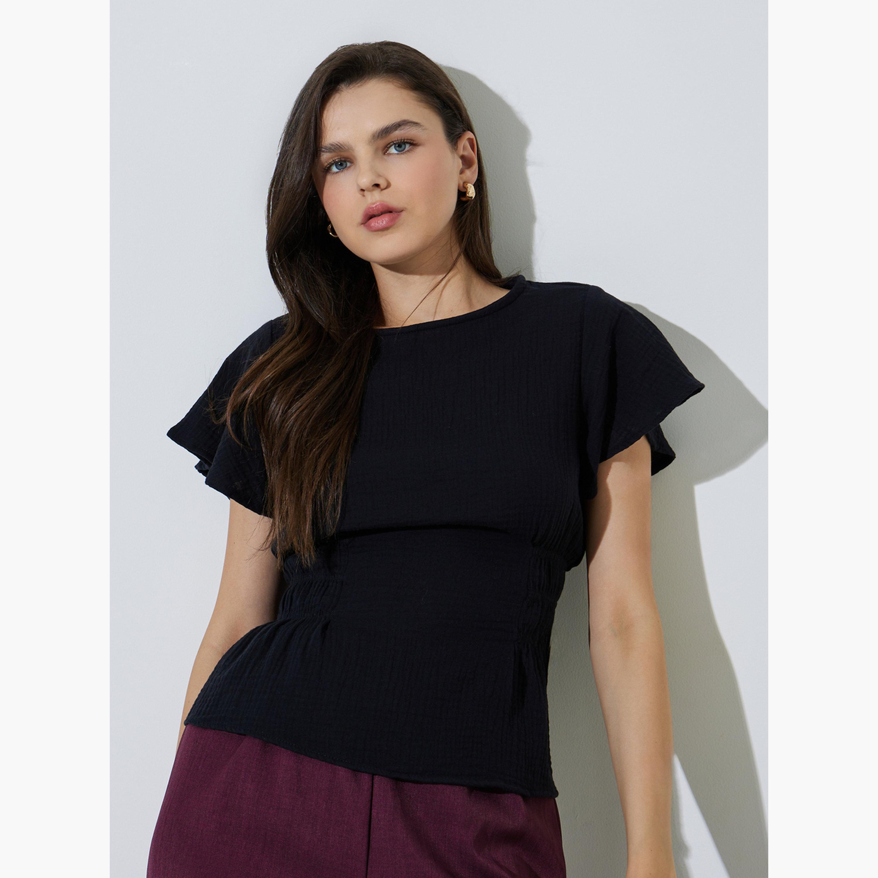 Take Two Black Flutter Sleeve Casual Blouse-women-clothing-shirtsandblouses-blouses-image-1