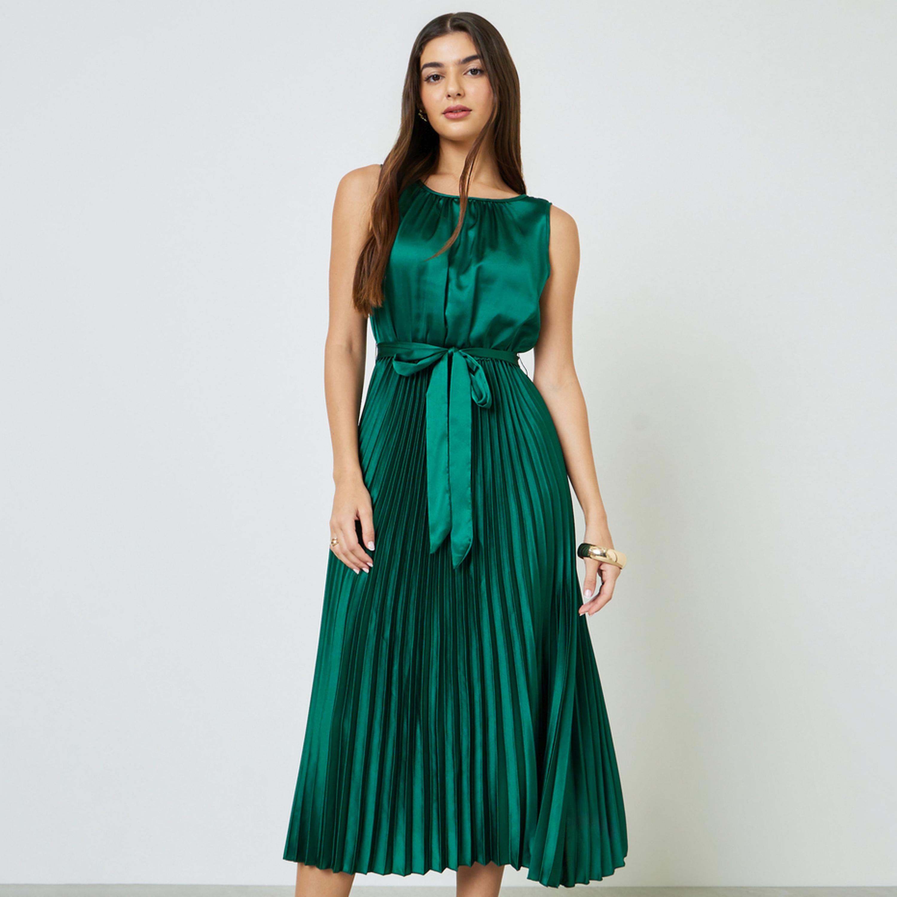 Take Two Green Satin Pleated Midi Dress with Tie Waist-women-clothing-dresses-image-1