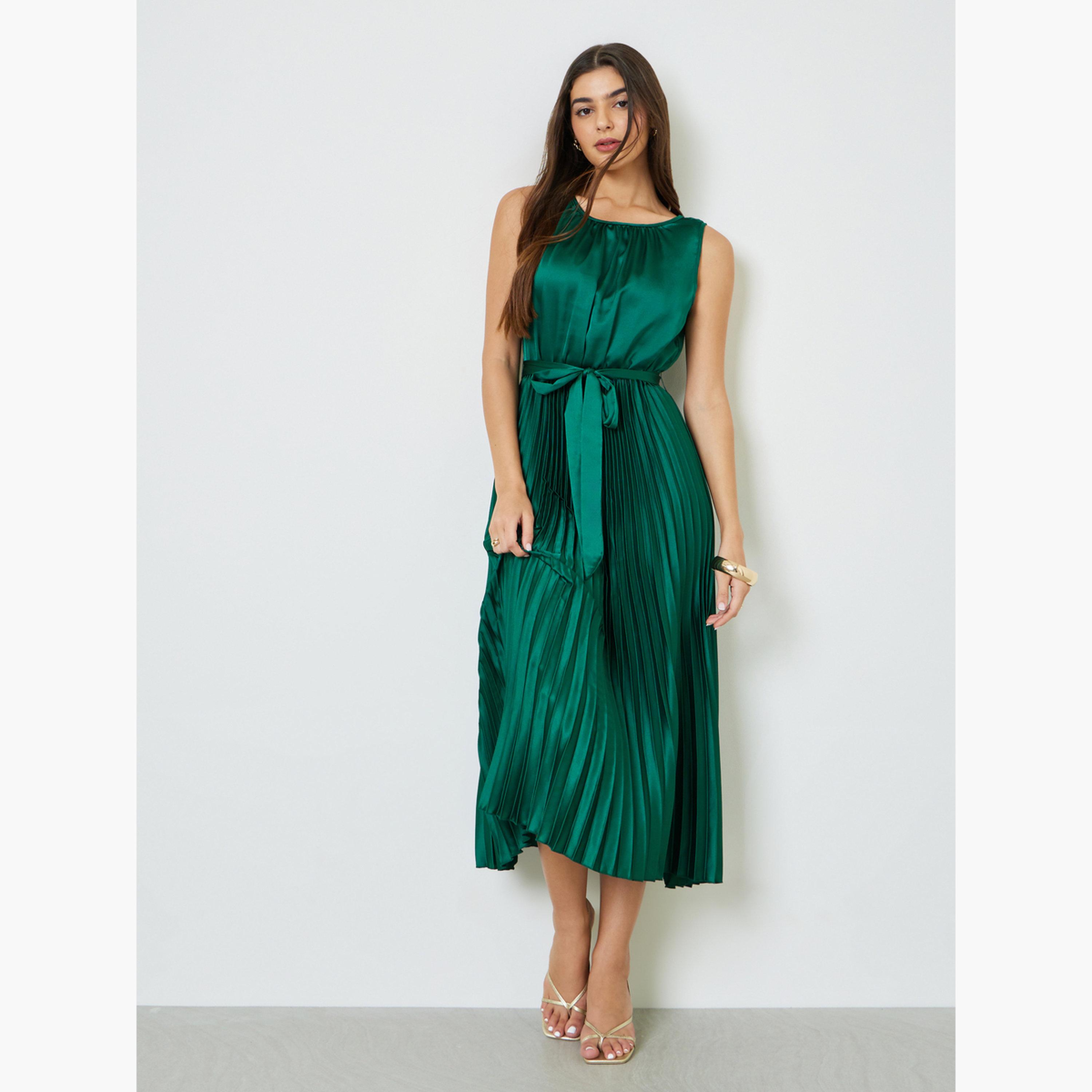 Take Two Green Satin Pleated Midi Dress with Tie Waist-women-clothing-dresses-image-2