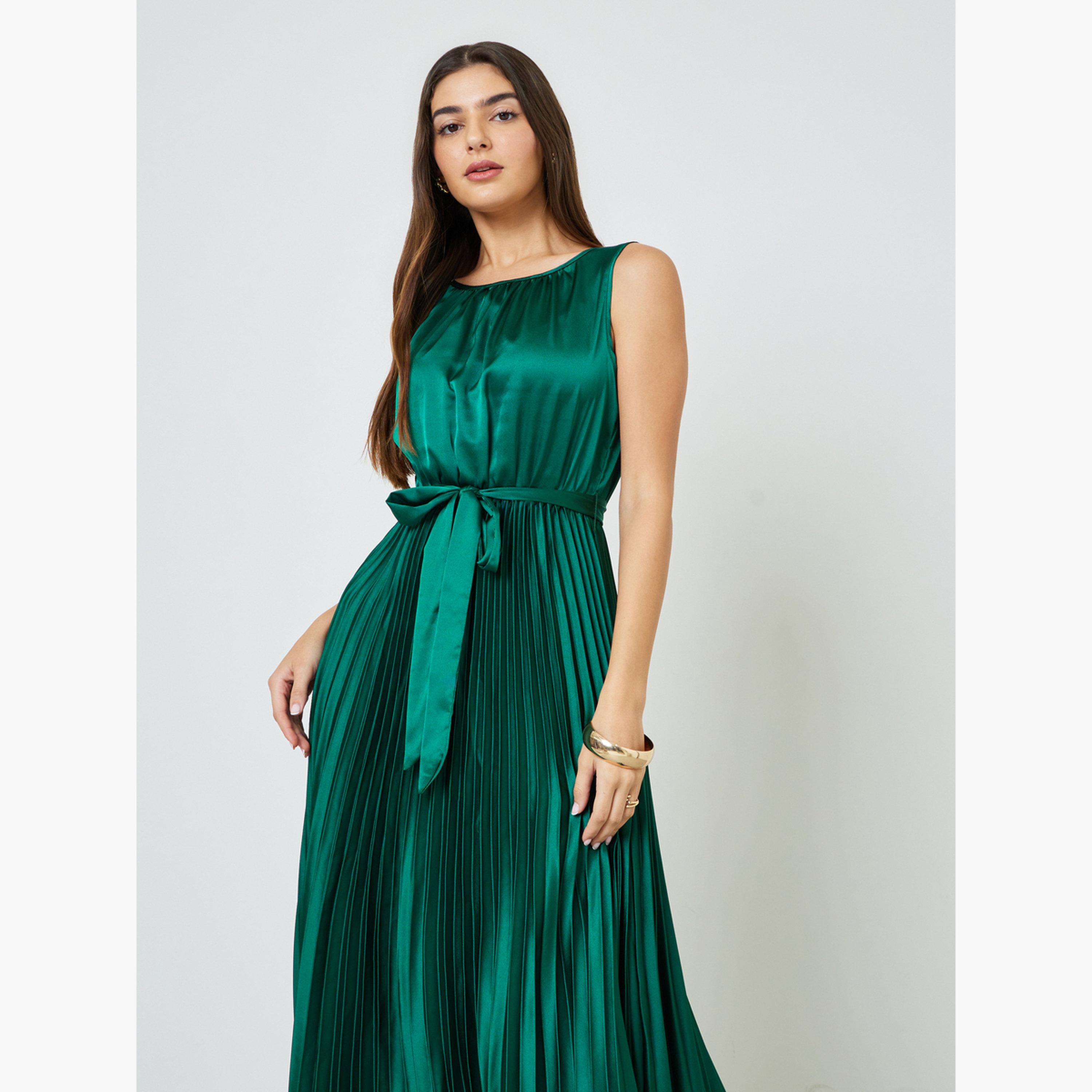 Take Two Green Satin Pleated Midi Dress with Tie Waist-women-clothing-dresses-image-3