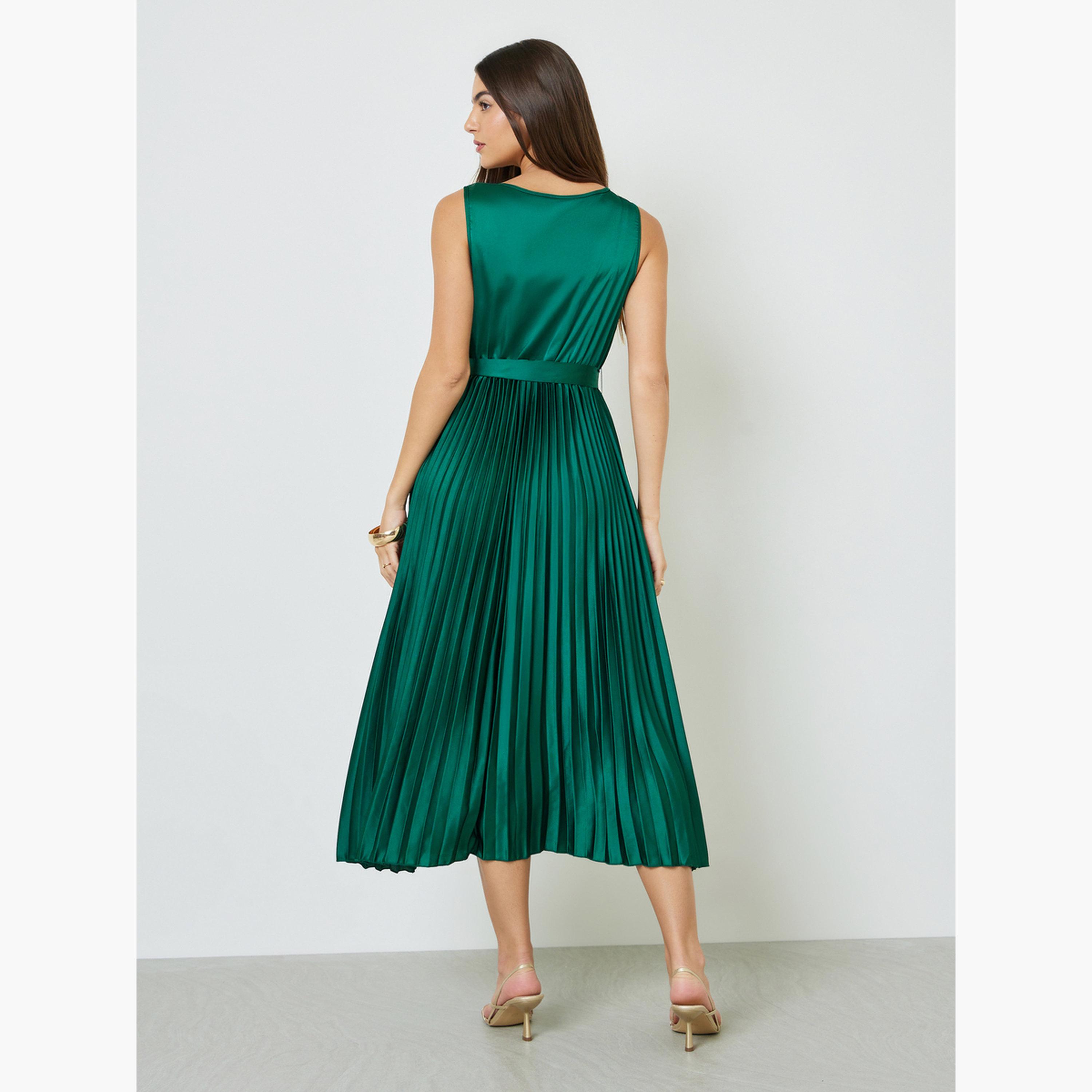 Take Two Green Satin Pleated Midi Dress with Tie Waist-women-clothing-dresses-image-4