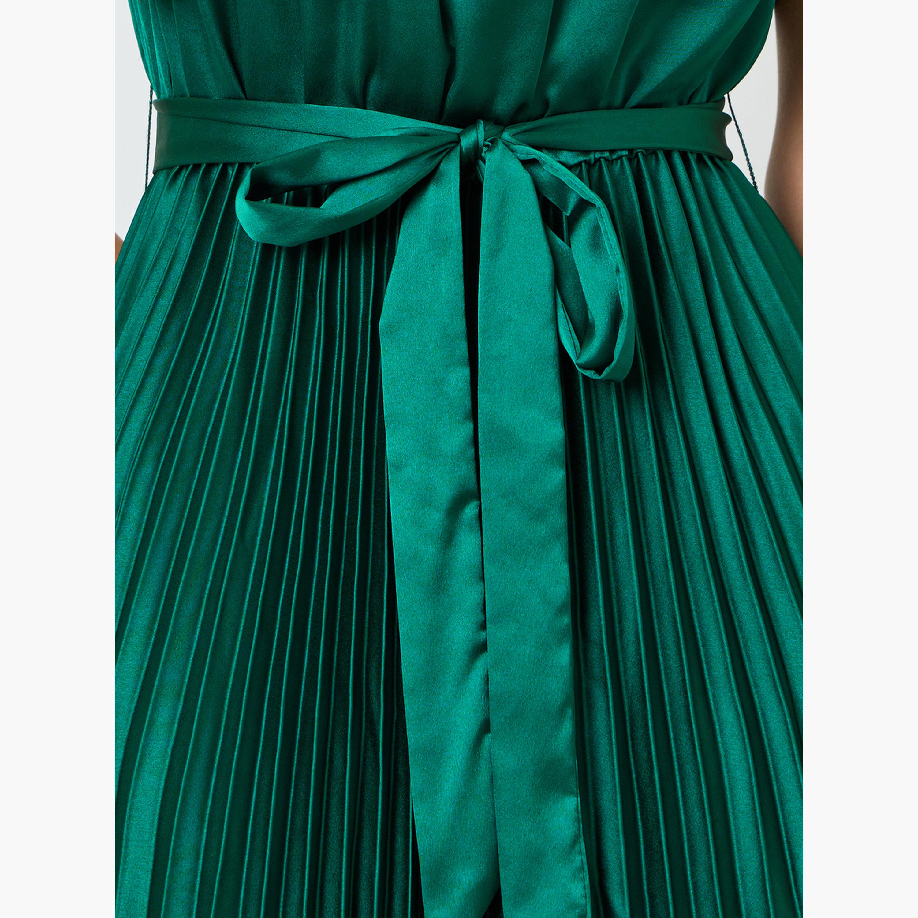 Take Two Green Satin Pleated Midi Dress with Tie Waist-women-clothing-dresses-image-5