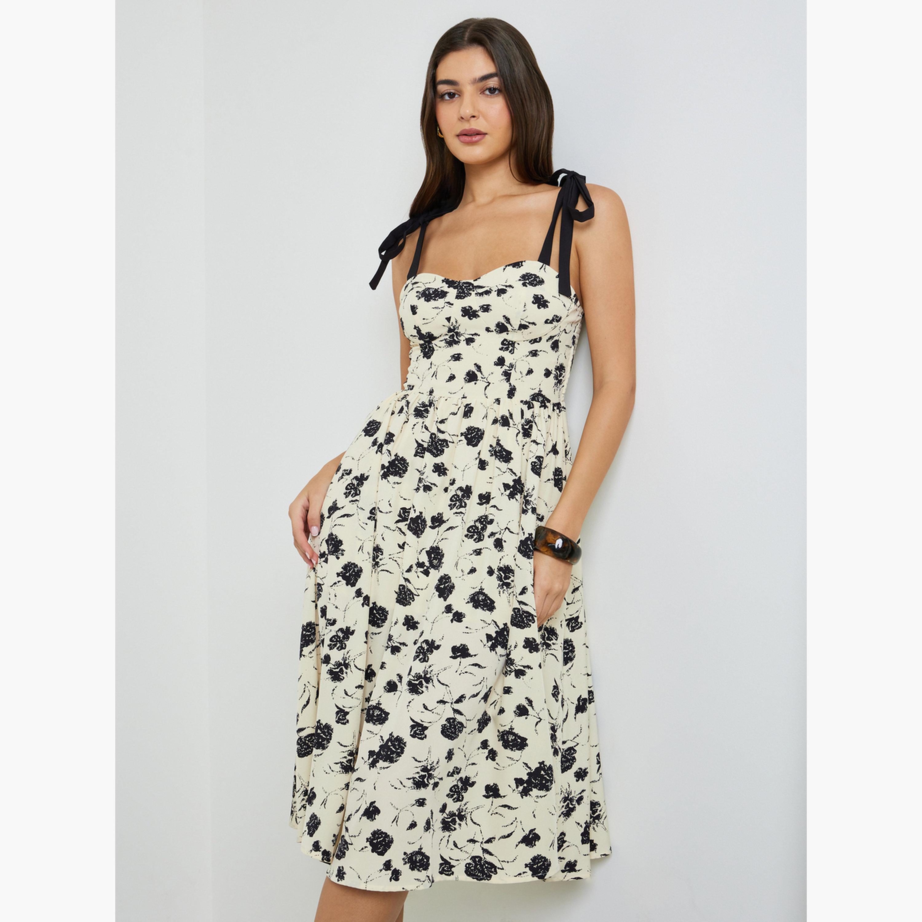 Take Two Beige Floral Print Tie-Strap Midi Dress-women-clothing-dresses-image-1