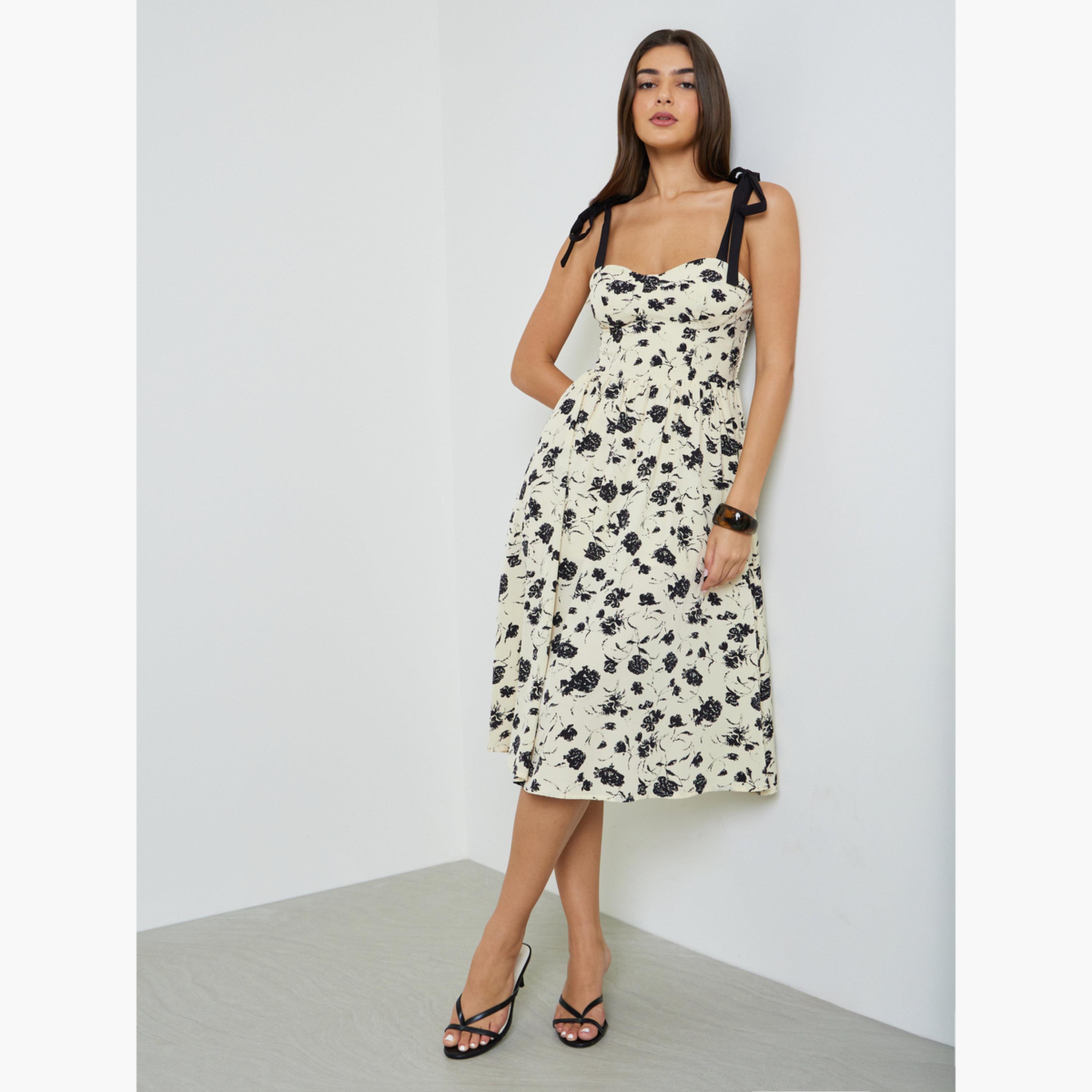 Take Two Beige Floral Print Tie-Strap Midi Dress-women-clothing-dresses-image-2