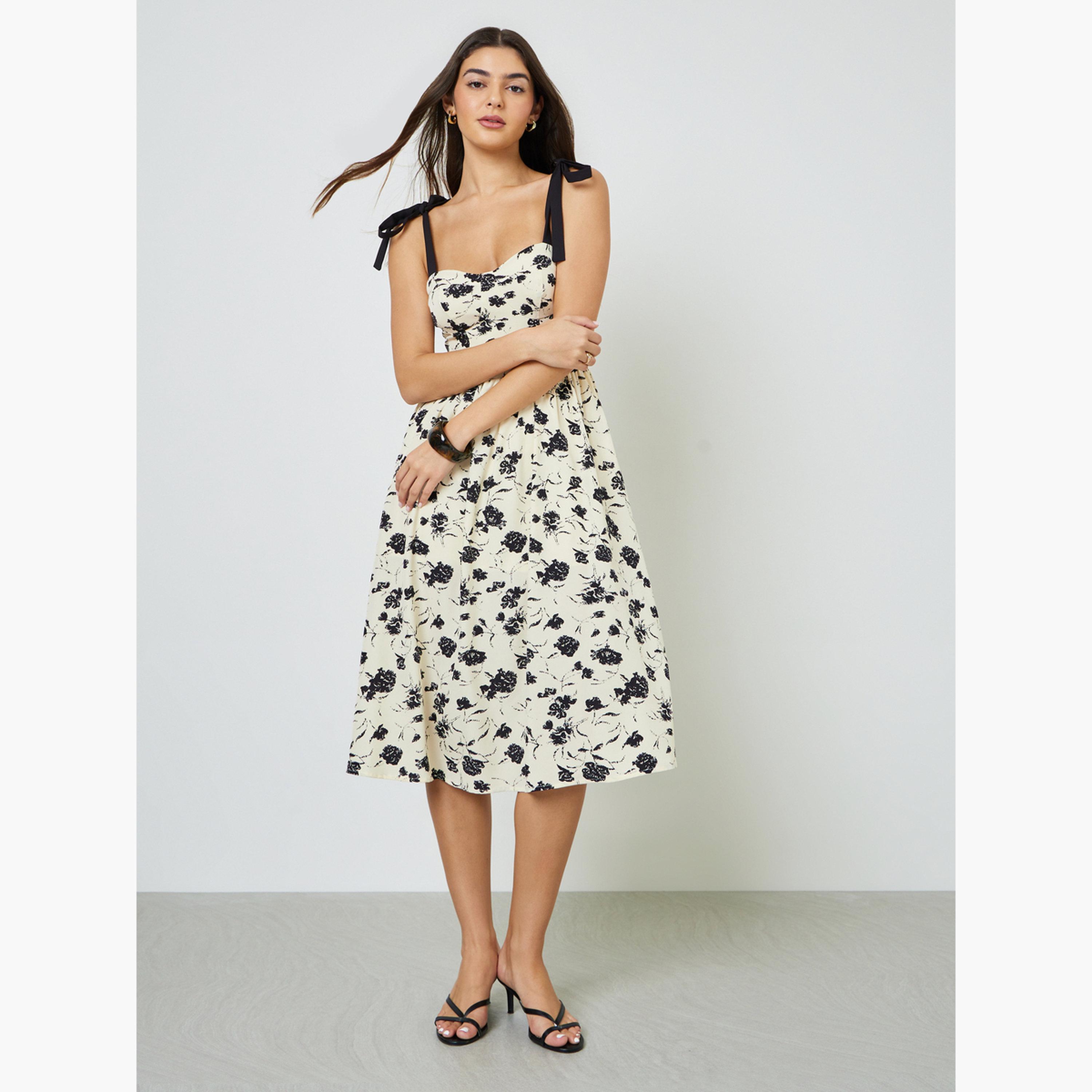 Take Two Beige Floral Print Tie-Strap Midi Dress-women-clothing-dresses-image-3