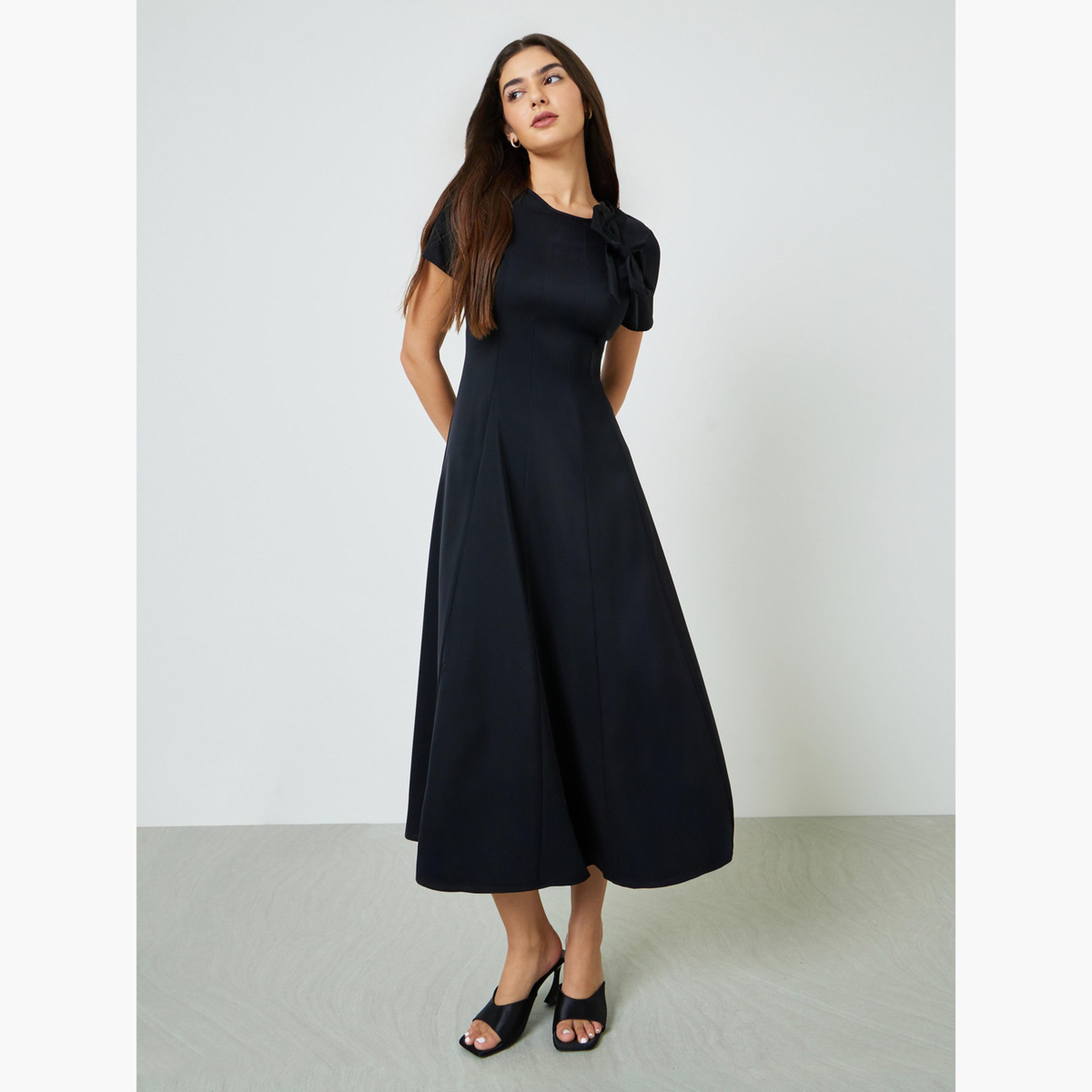 Take Two Black Bow Decor A-Line Midi Dress-women-clothing-dresses-image-1