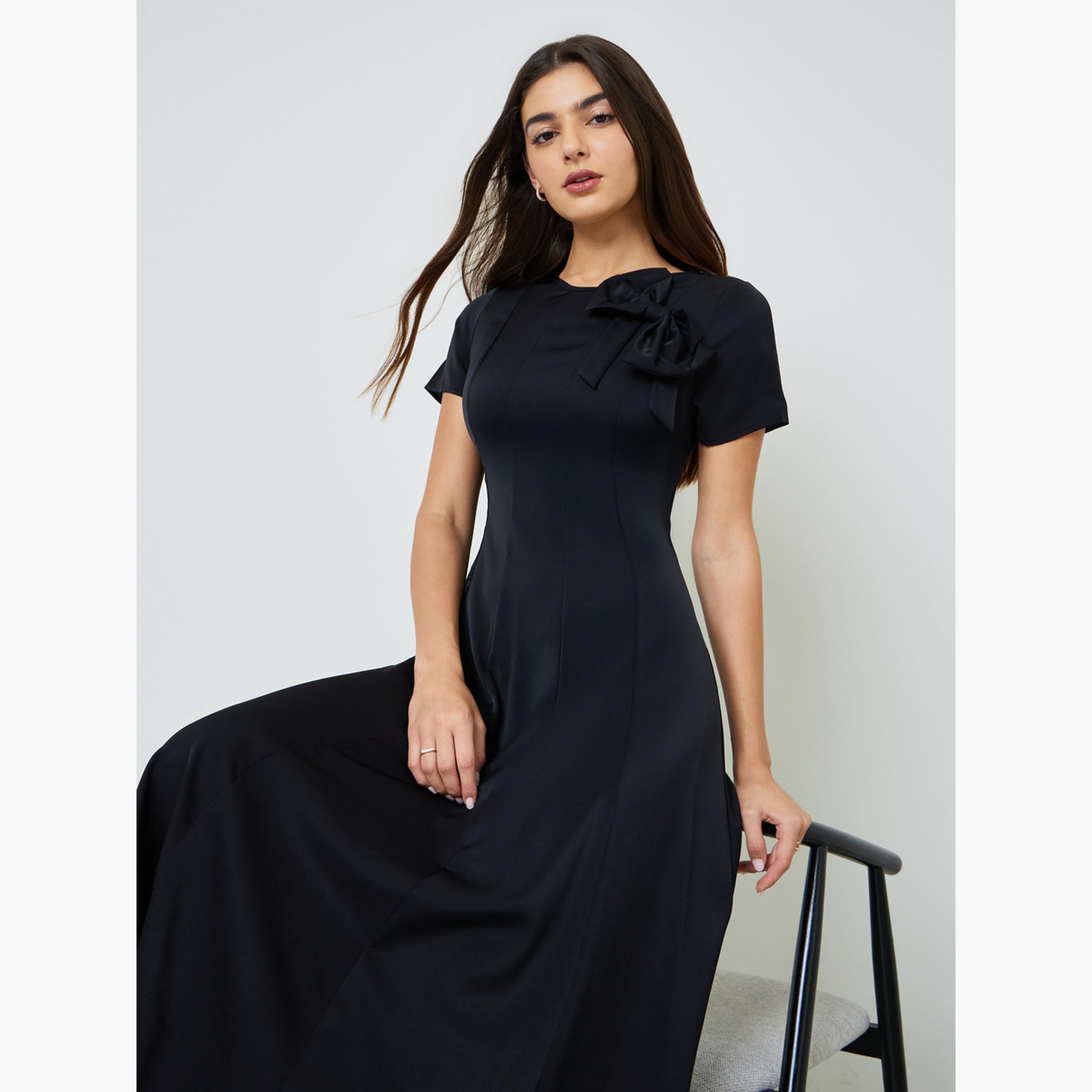 Take Two Black Bow Decor A-Line Midi Dress-women-clothing-dresses-image-2