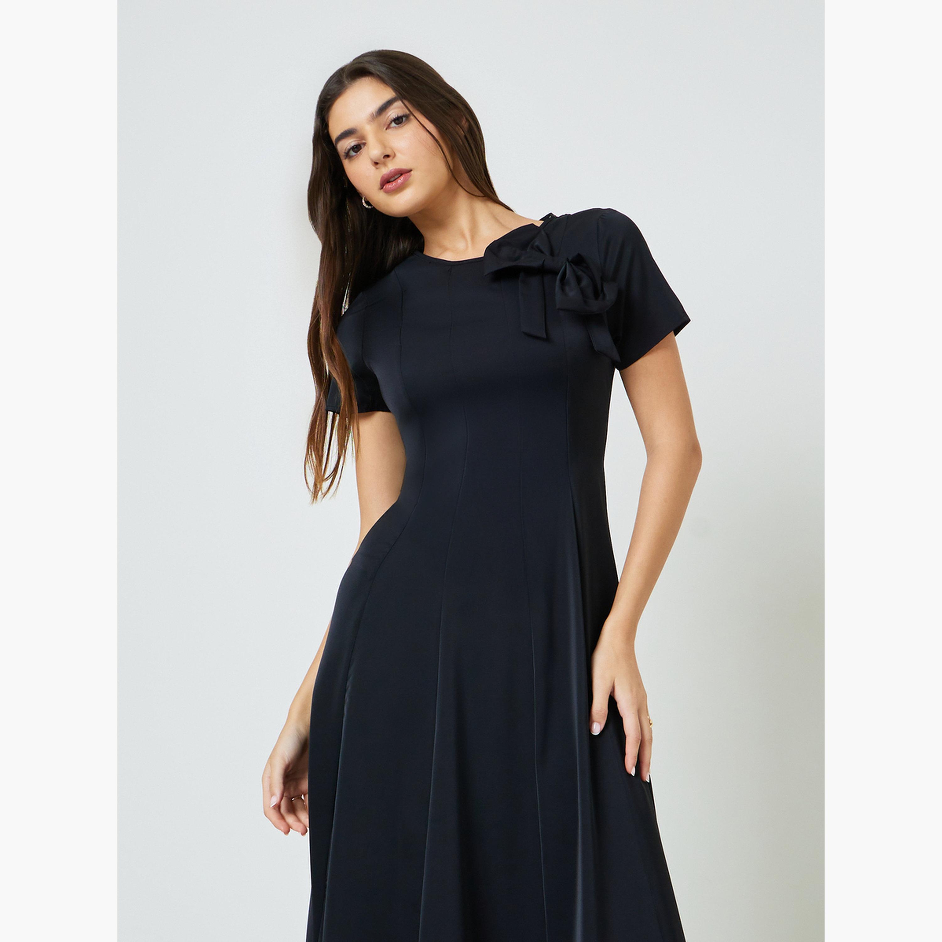 Take Two Black Bow Decor A-Line Midi Dress-women-clothing-dresses-image-3