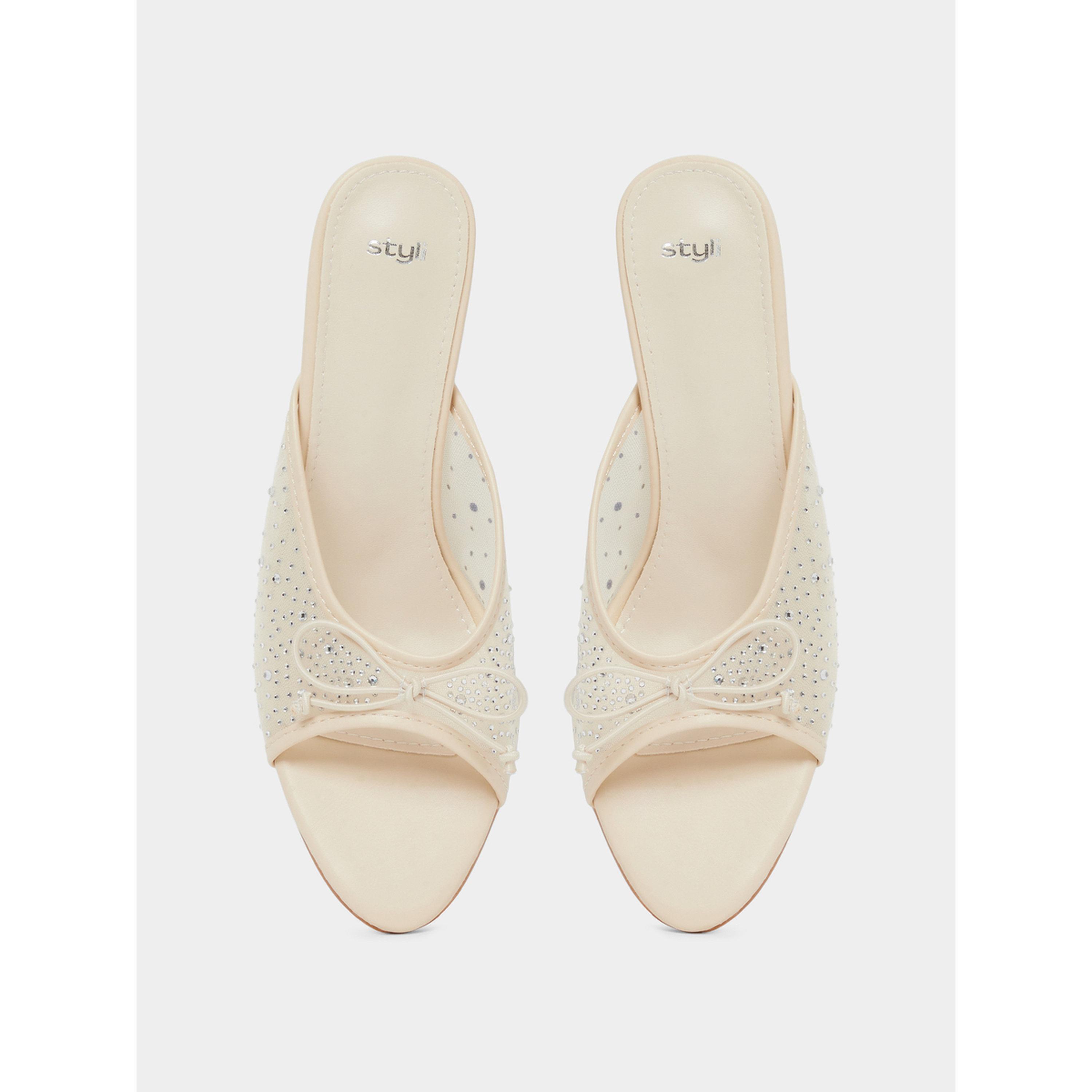 حذاء ميولز بكعب عالٍ وشبك مزين بالترتر وتفاصيل فيونكة باللون البيج-women-shoes-sandals-heeled-image-4