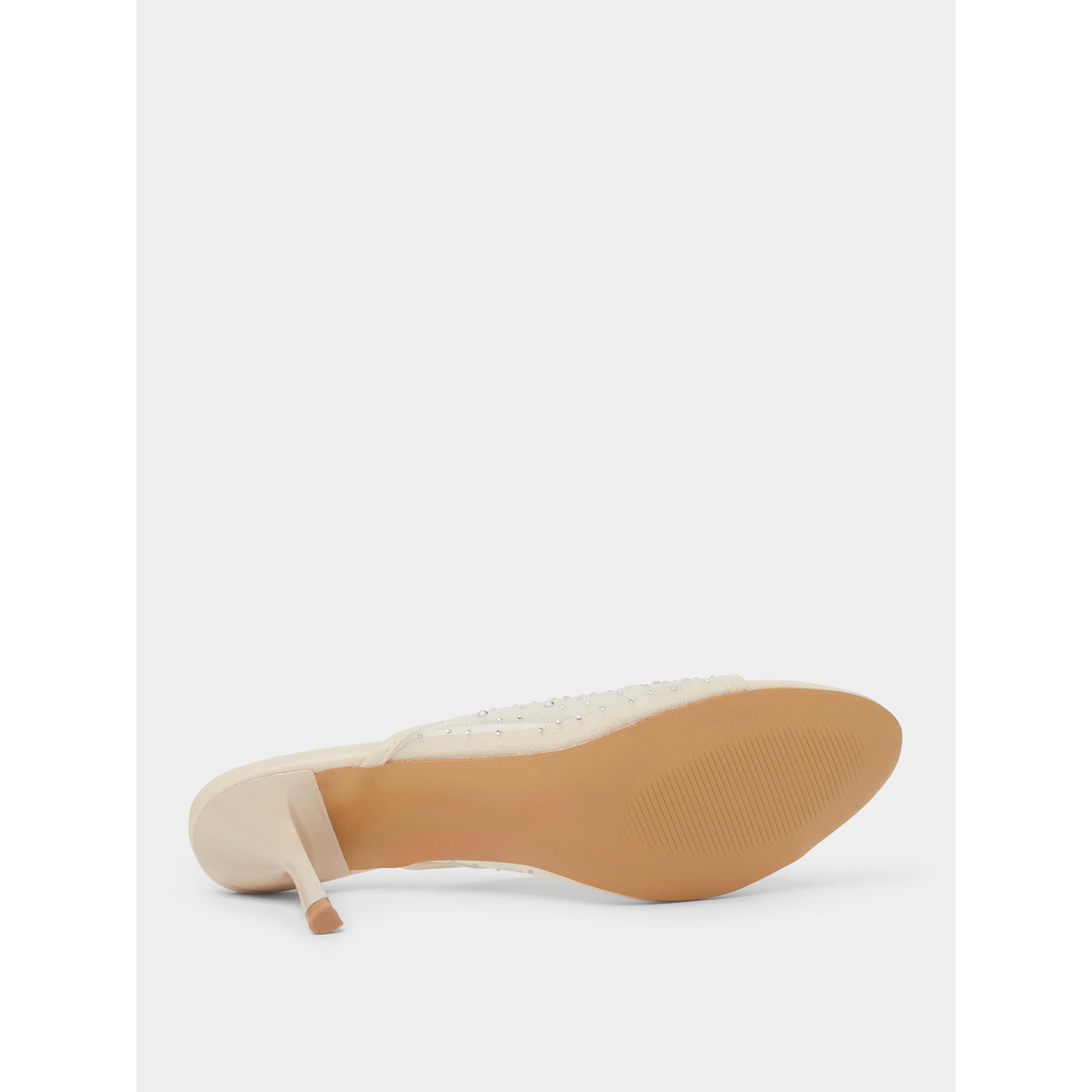 حذاء ميولز بكعب عالٍ وشبك مزين بالترتر وتفاصيل فيونكة باللون البيج-women-shoes-sandals-heeled-image-7