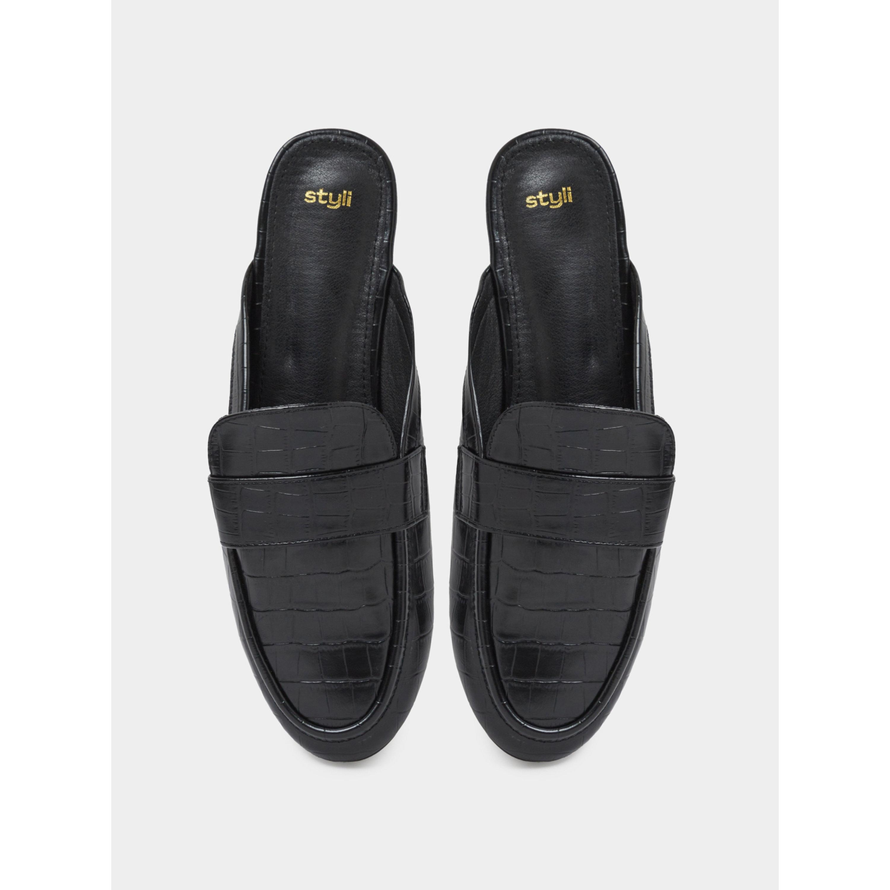 Styli Black Croc-Embossed Flat Mules-women-shoes-flats-mules-image-4