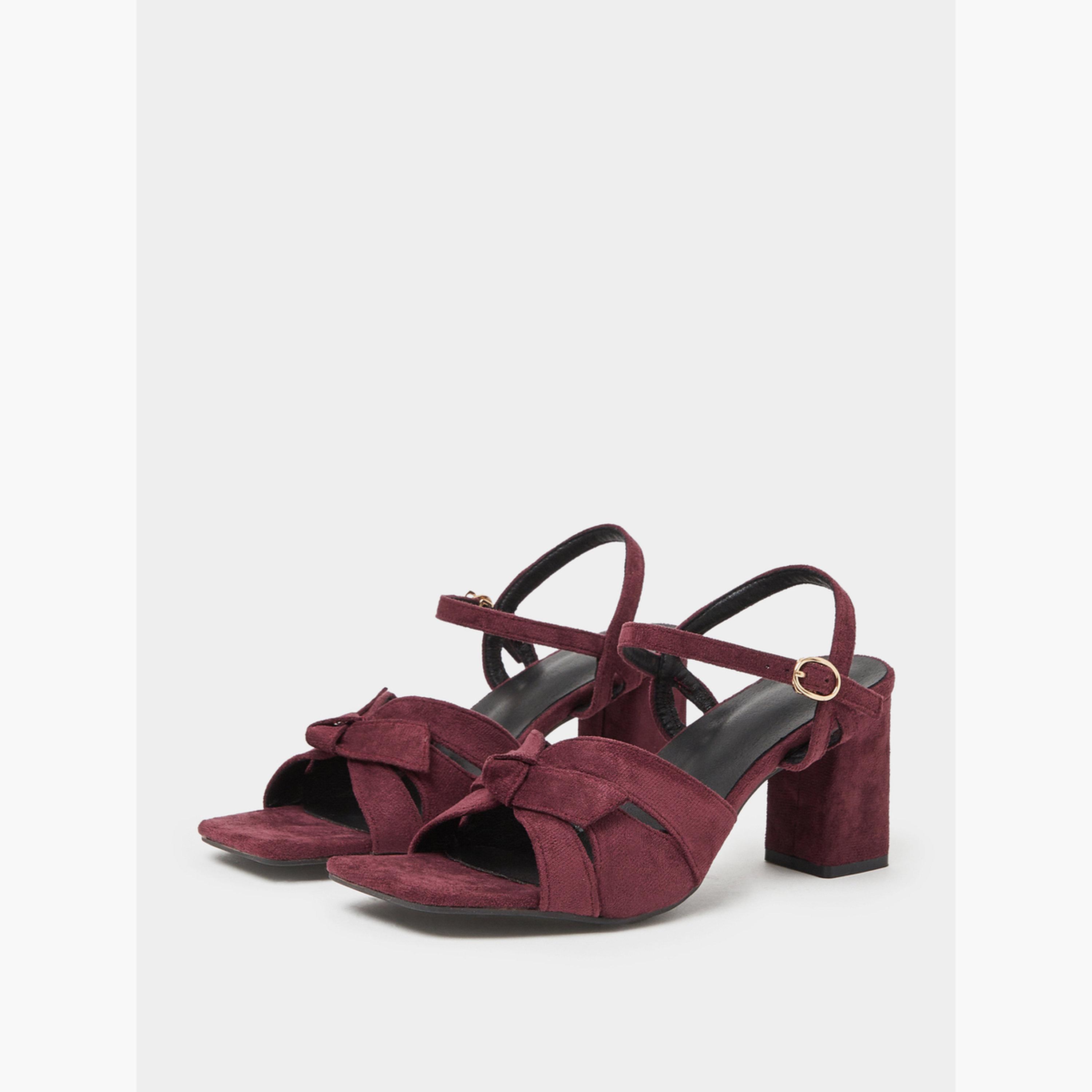 Styli Burgundy Suede Look Bow-Detail Sandals-women-shoes-sandals-heeled-image-1