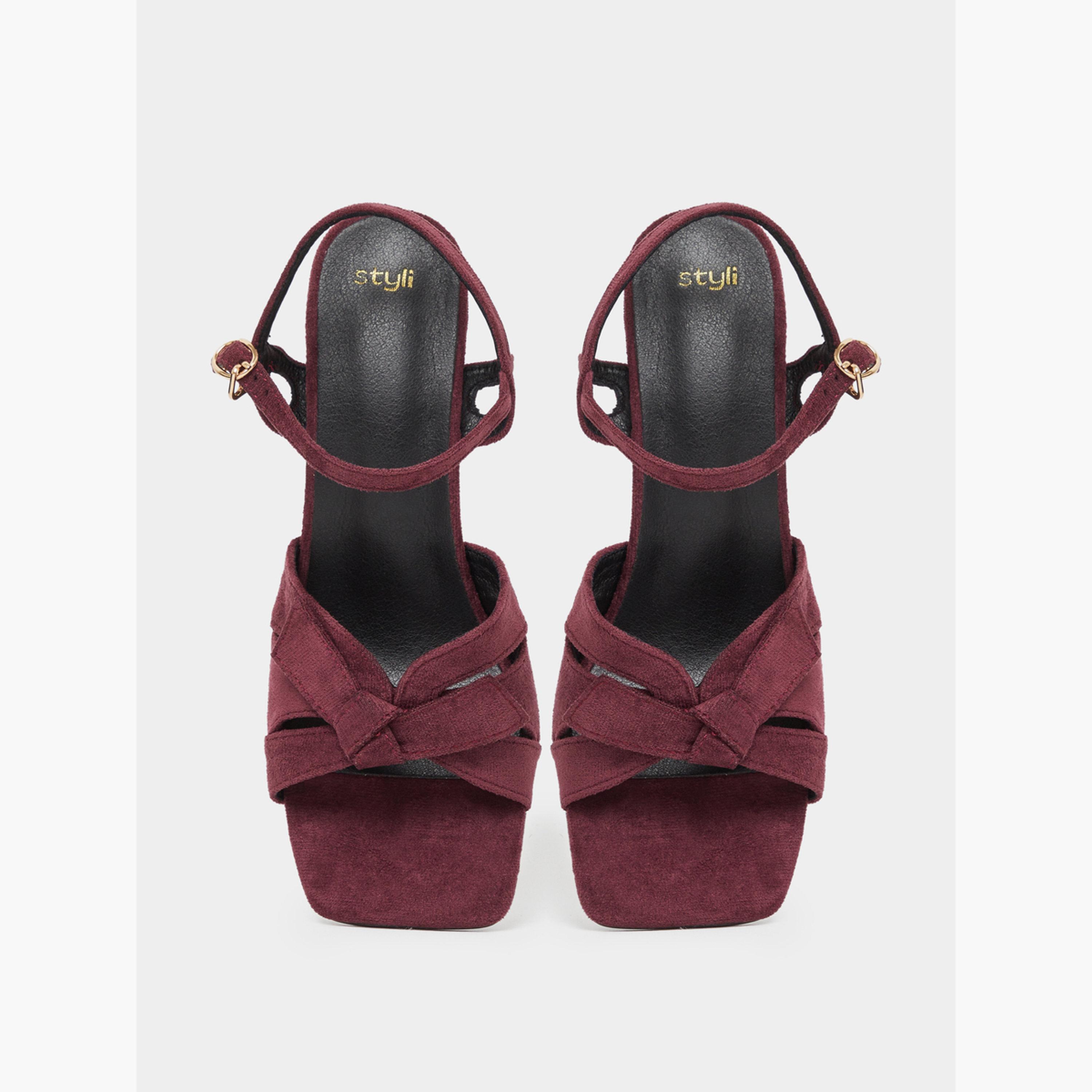 Styli Burgundy Suede Look Bow-Detail Sandals-women-shoes-sandals-heeled-image-3
