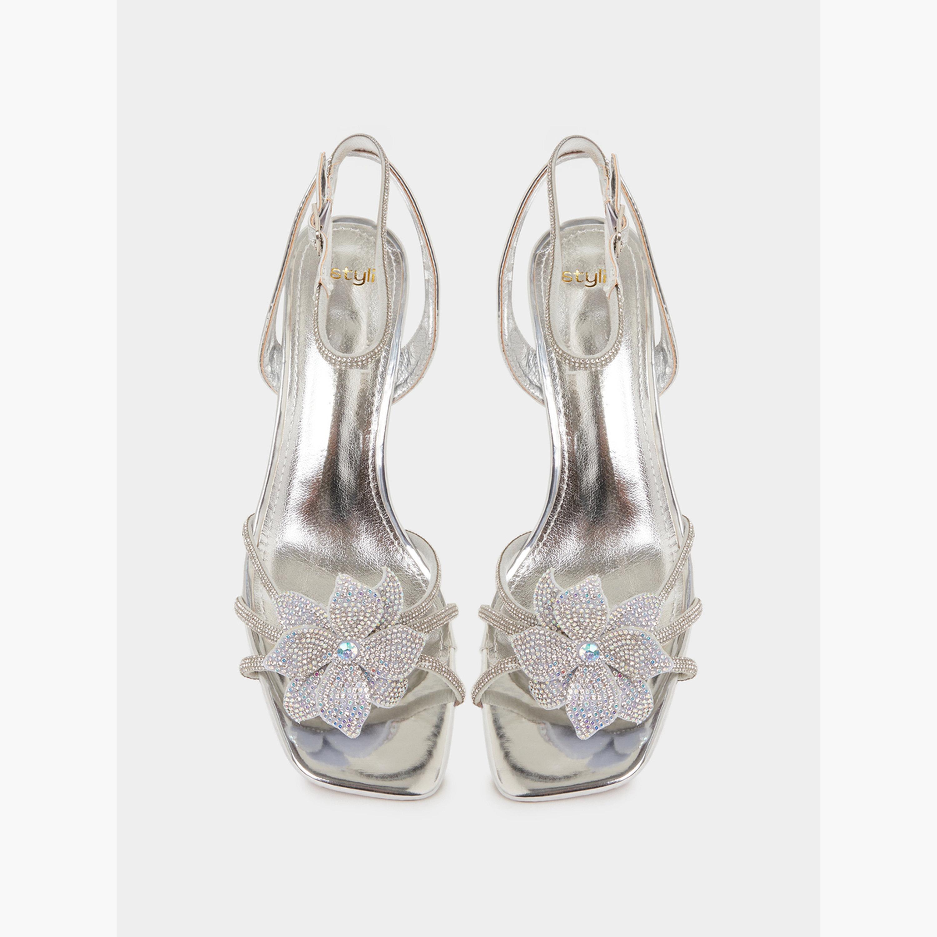 Styli Silver Flower Trim Block Heel Sandals-women-shoes-sandals-heeled-image-3